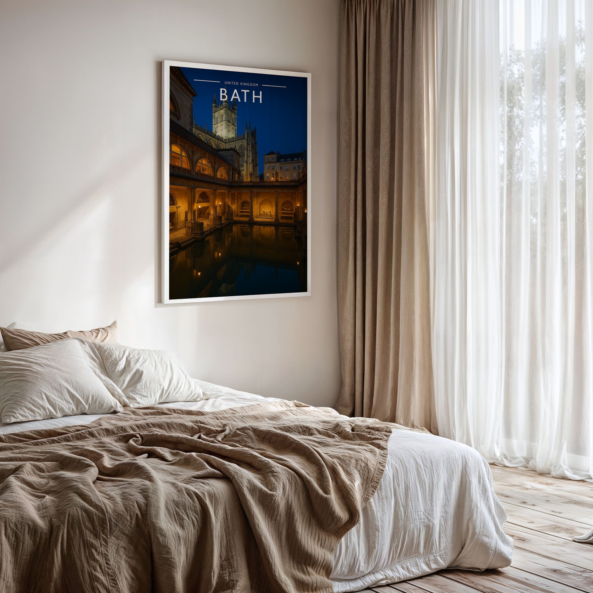 Bath Travel Poster framed on a bedroom wall