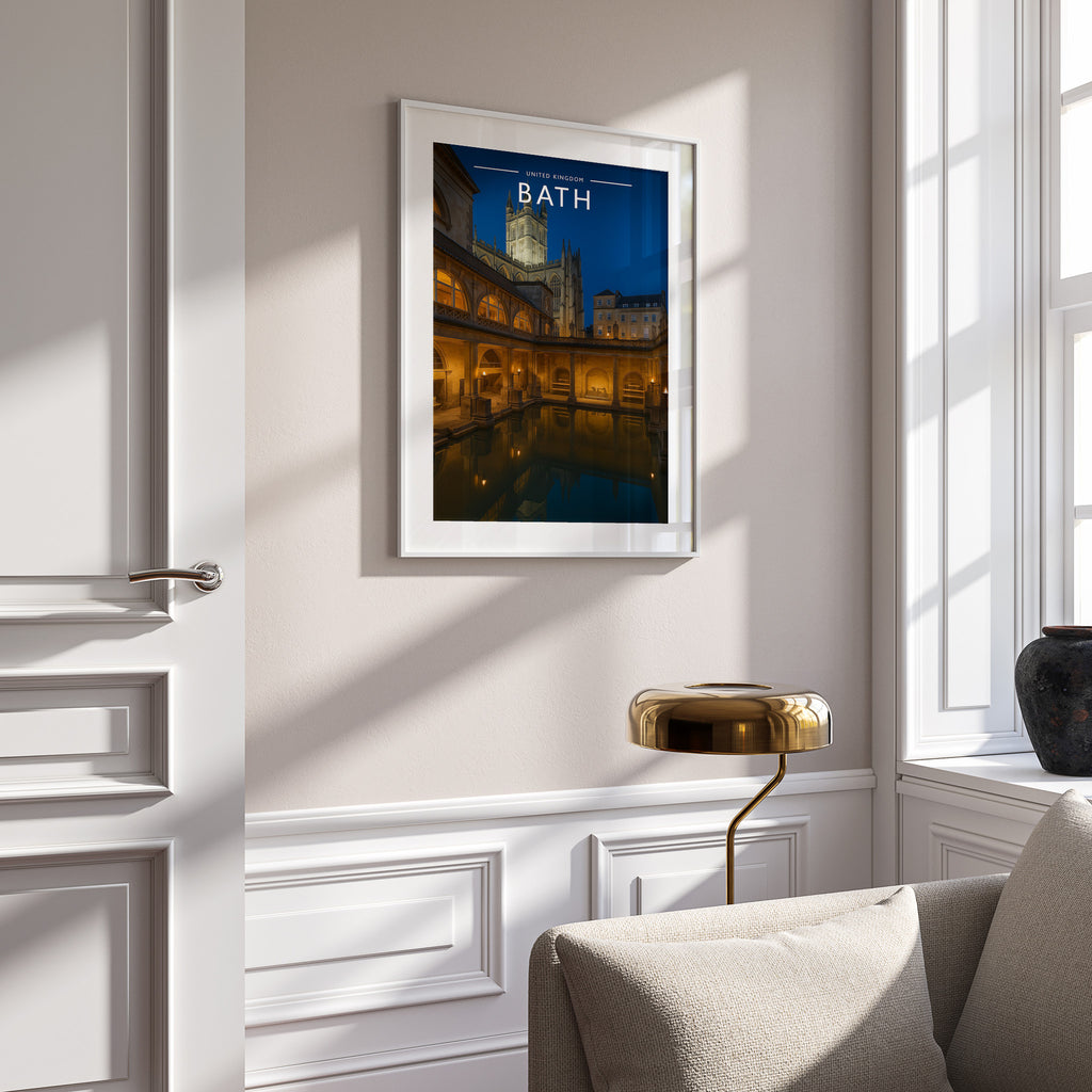 Bath Travel Poster in a white frame on a panelled wall