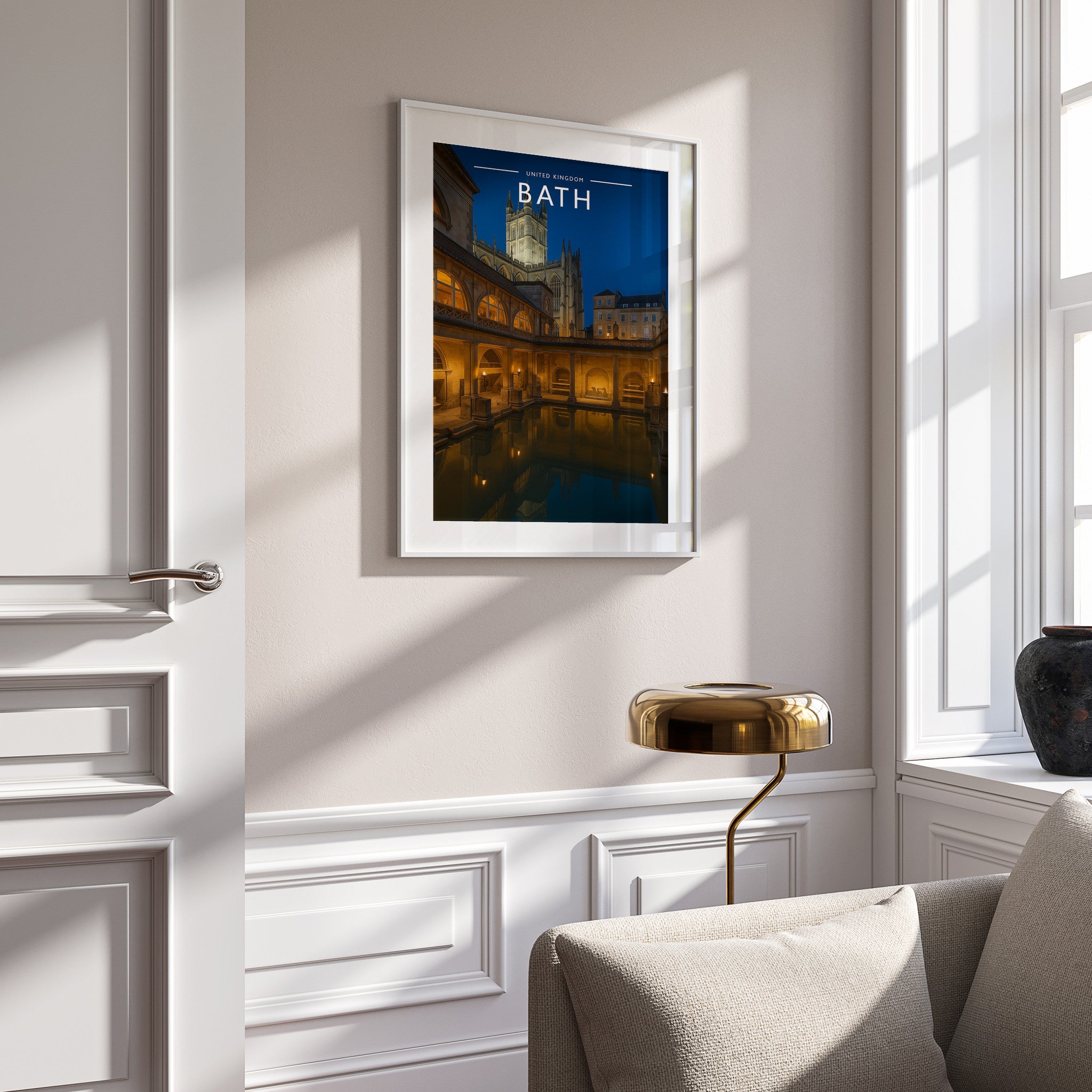 Bath Travel Poster in a white frame on a panelled wall