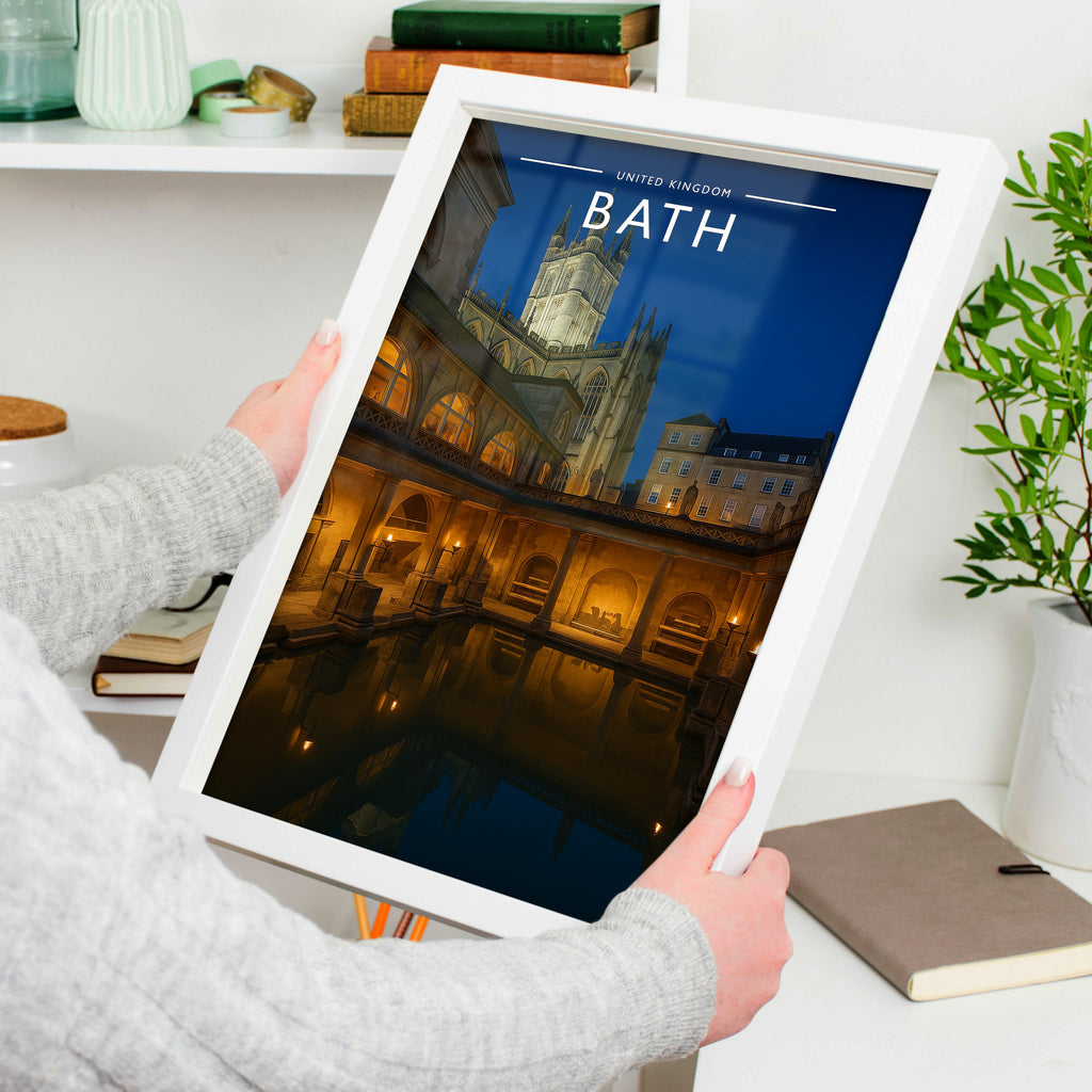 Bath Travel Poster in a white frame, held to show scale