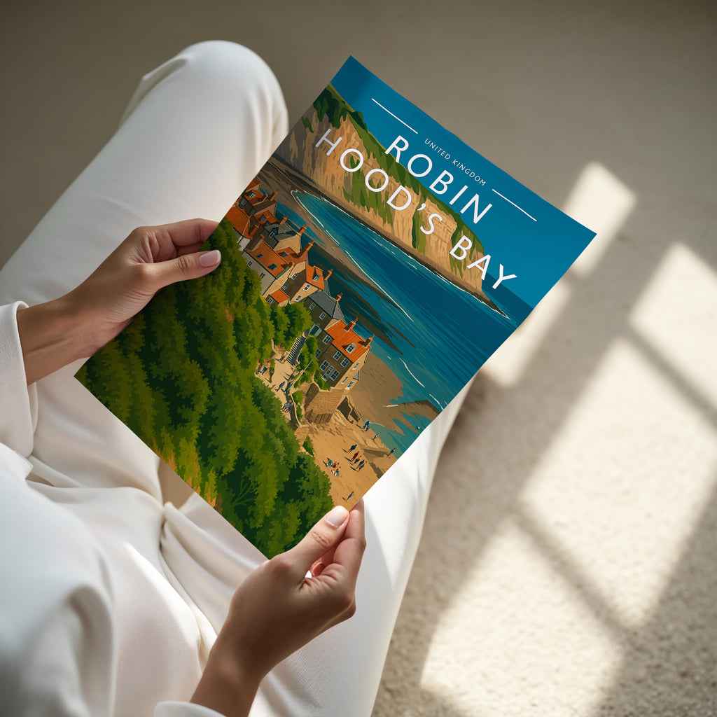 Robin Hood’s Bay Travel Poster - A4 print held in hand