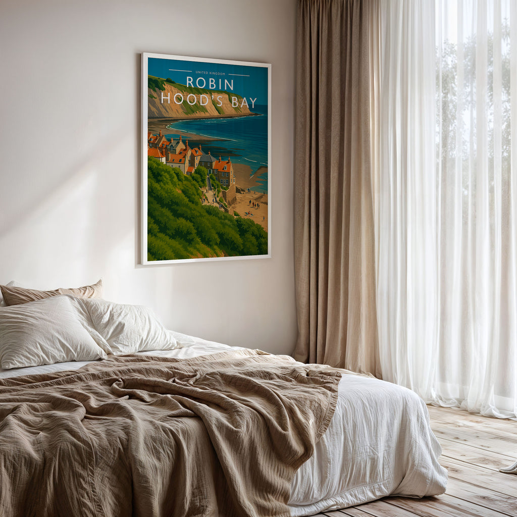 Robin Hood’s Bay Travel Poster framed on a bedroom wall
