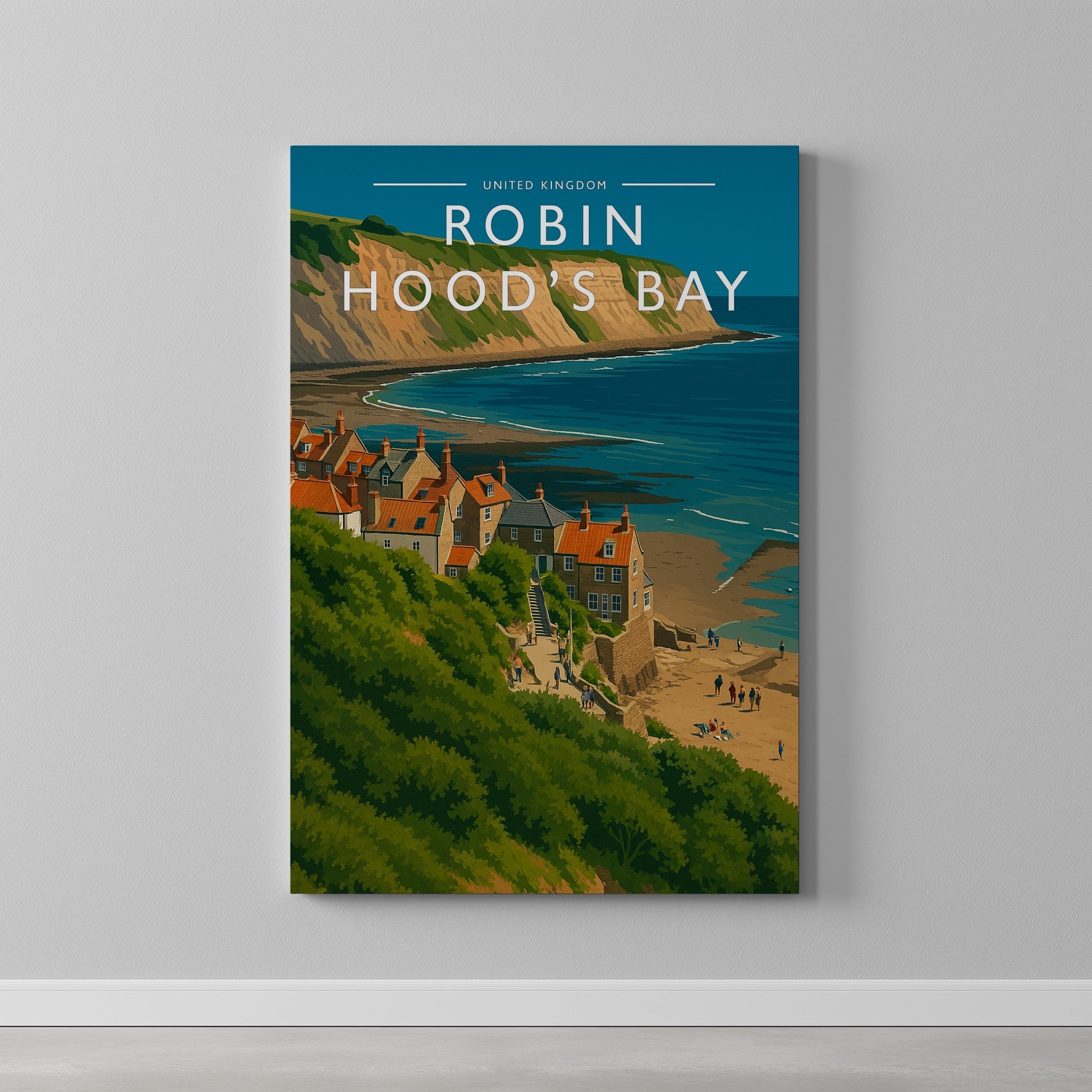 Robin Hood’s Bay Travel Poster as a gallery-wrapped canvas on a plain wall