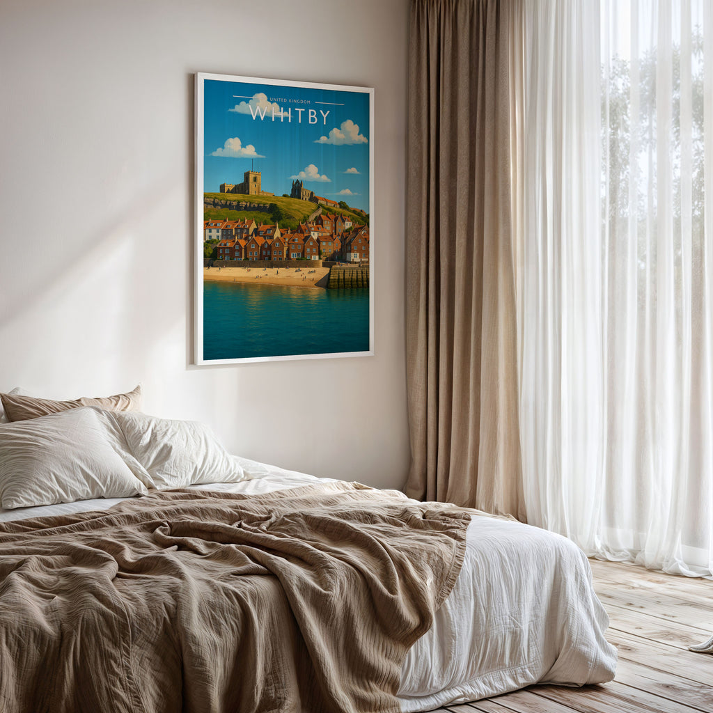Whitby #2 Travel Poster framed on a bedroom wall
