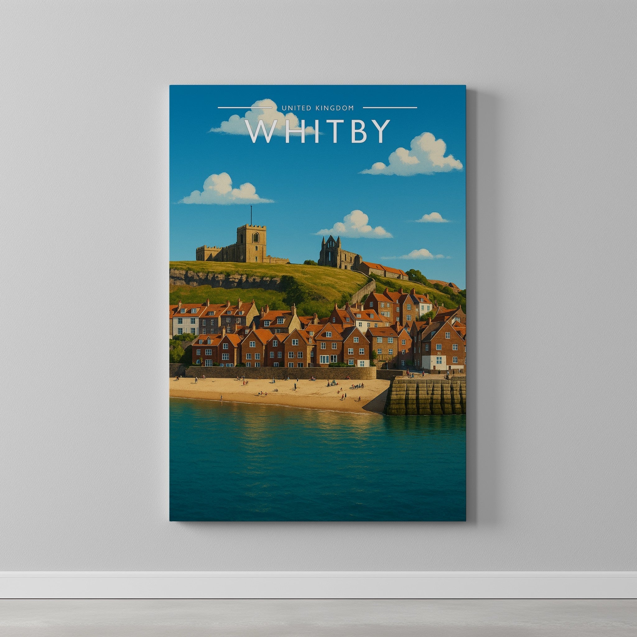 Whitby #2 Travel Poster as a gallery-wrapped canvas on a plain wall