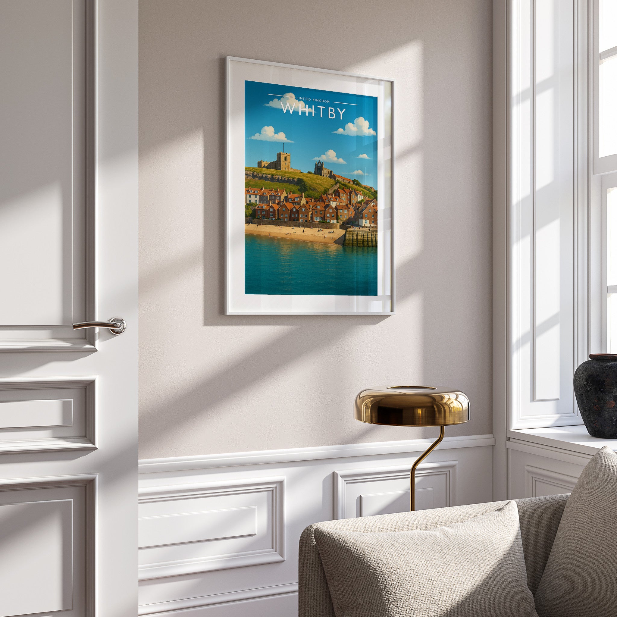 Whitby #2 Travel Poster in a white frame on a panelled wall