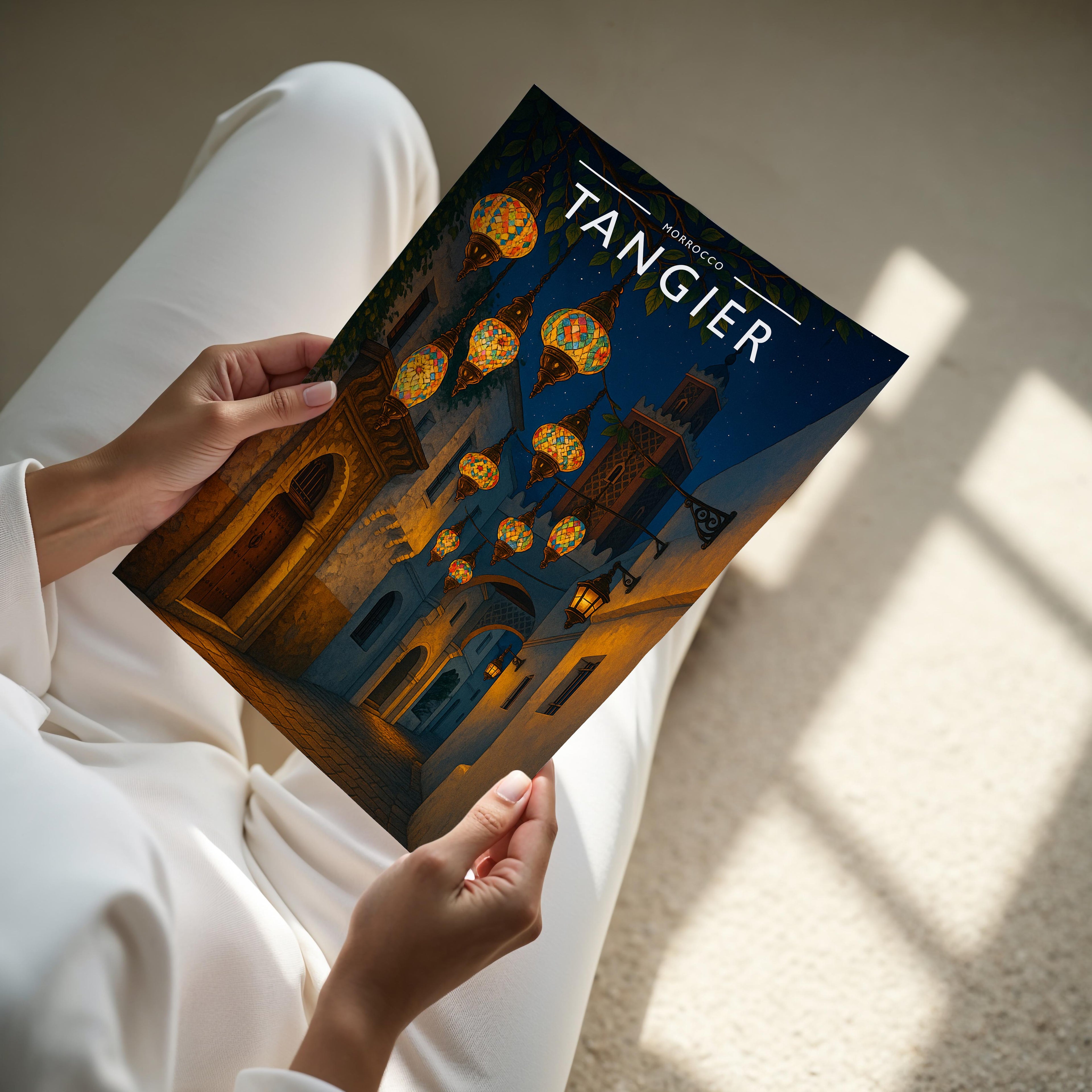Tangier Travel Poster - A4 print held in hand
