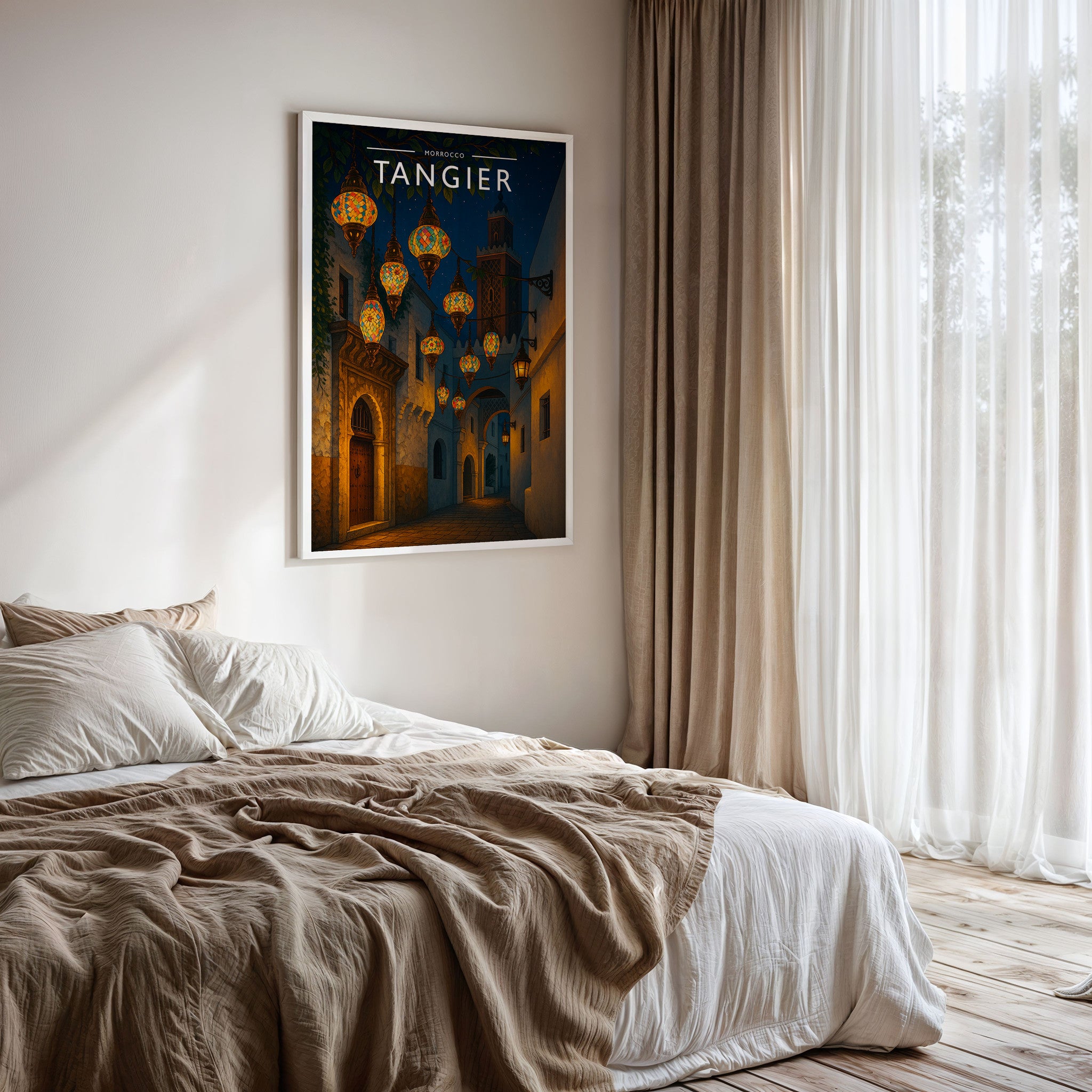 Tangier Travel Poster framed on a bedroom wall