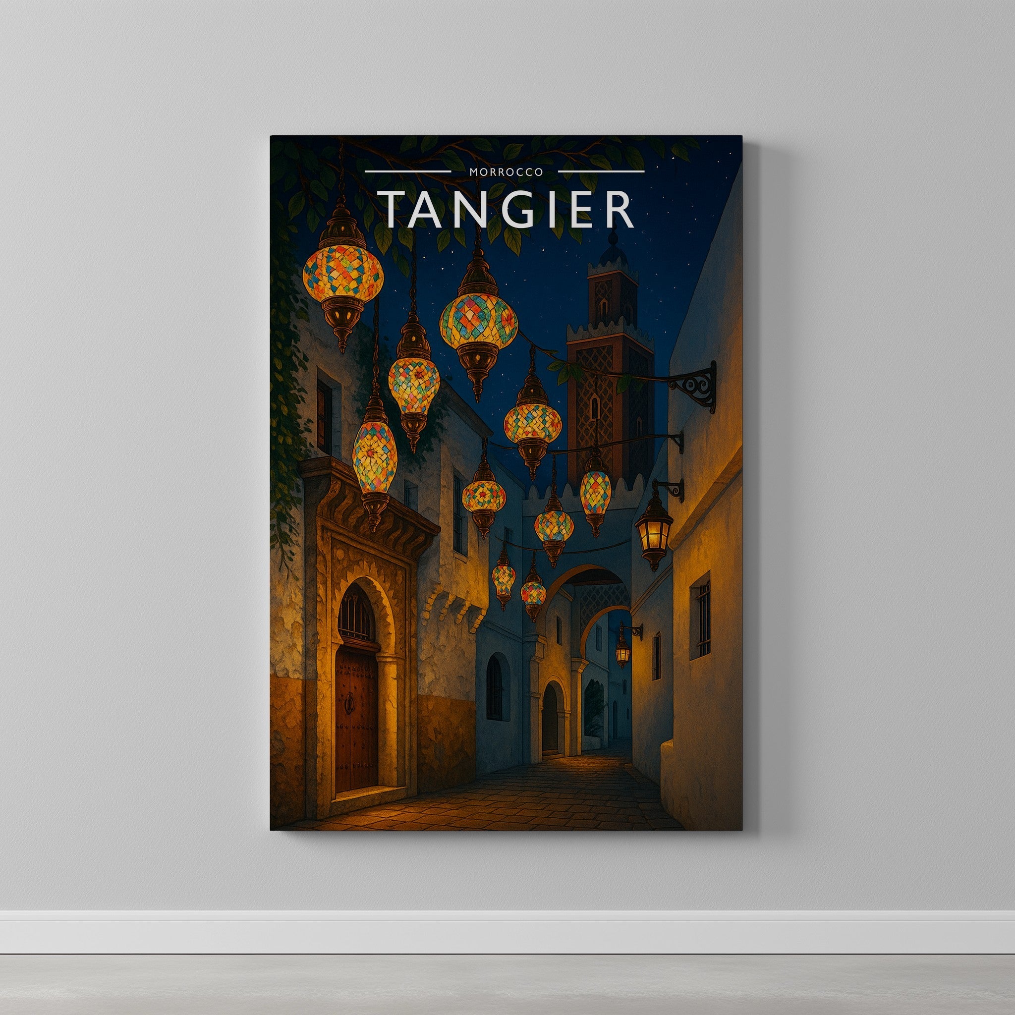 Tangier Travel Poster as a gallery-wrapped canvas on a plain wall