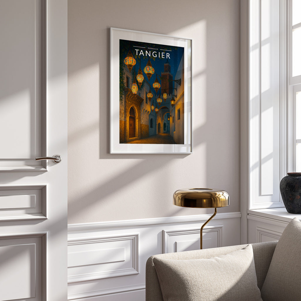 Tangier Travel Poster in a white frame on a panelled wall