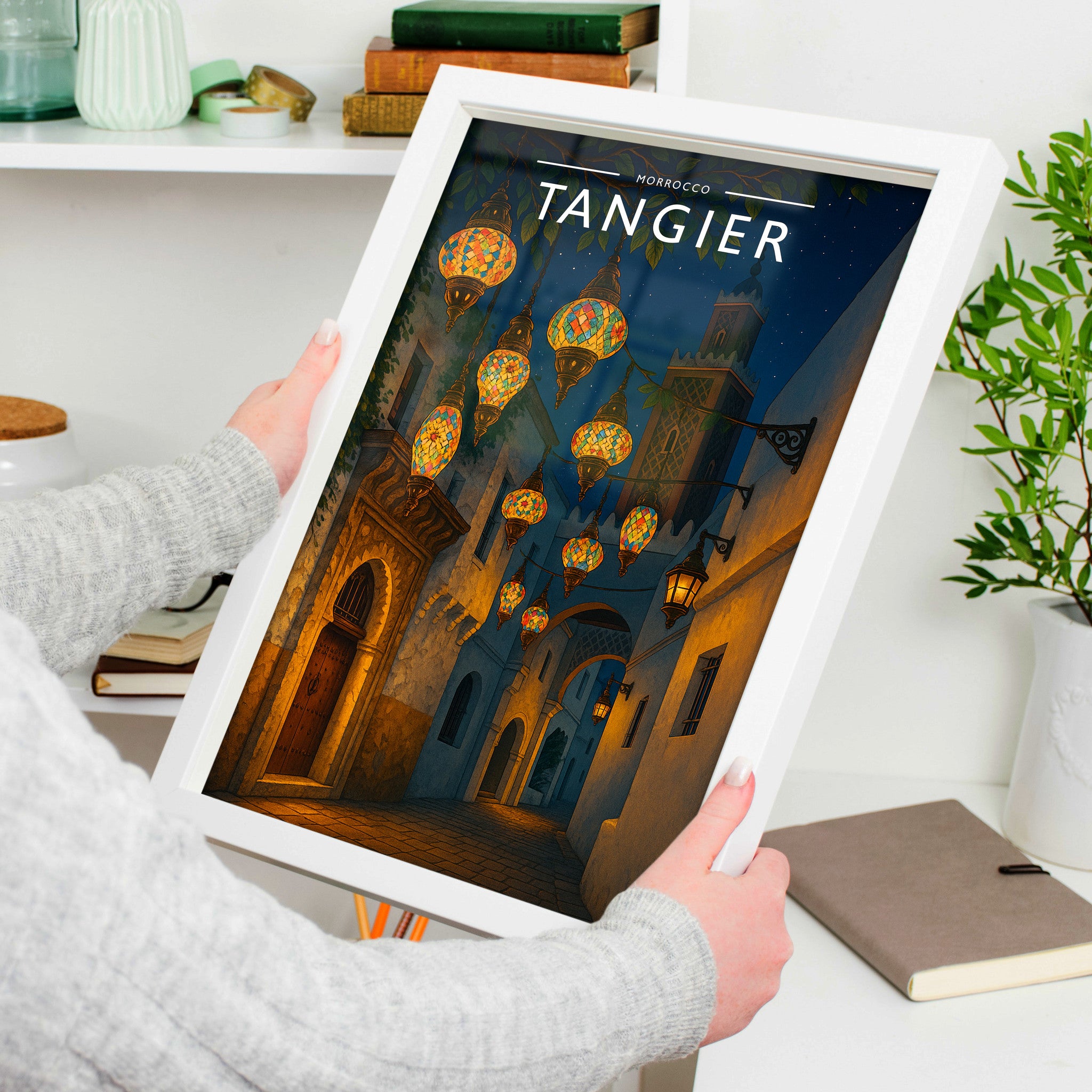 Tangier Travel Poster in a white frame, held to show scale