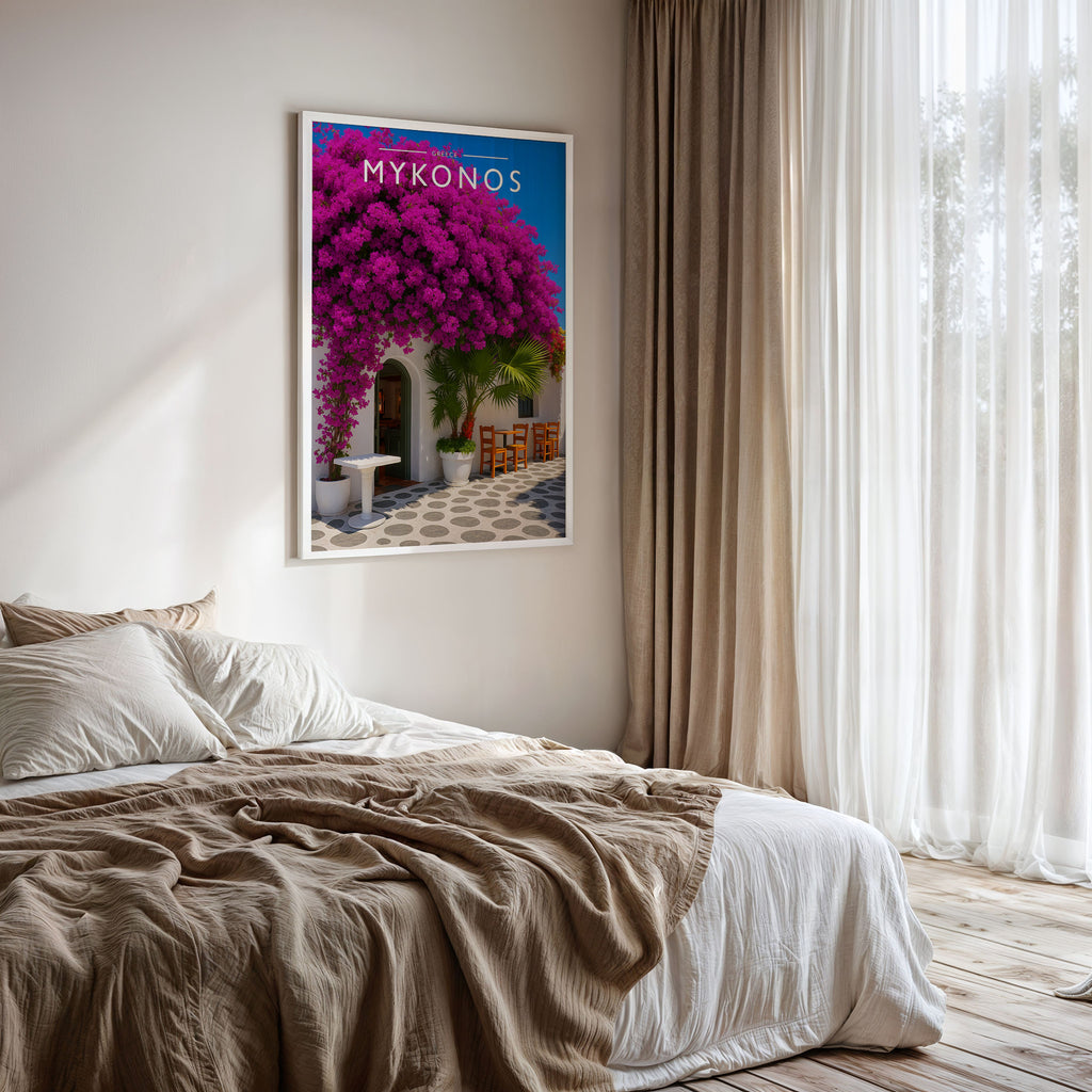 Mykonos Travel Poster framed on a bedroom wall