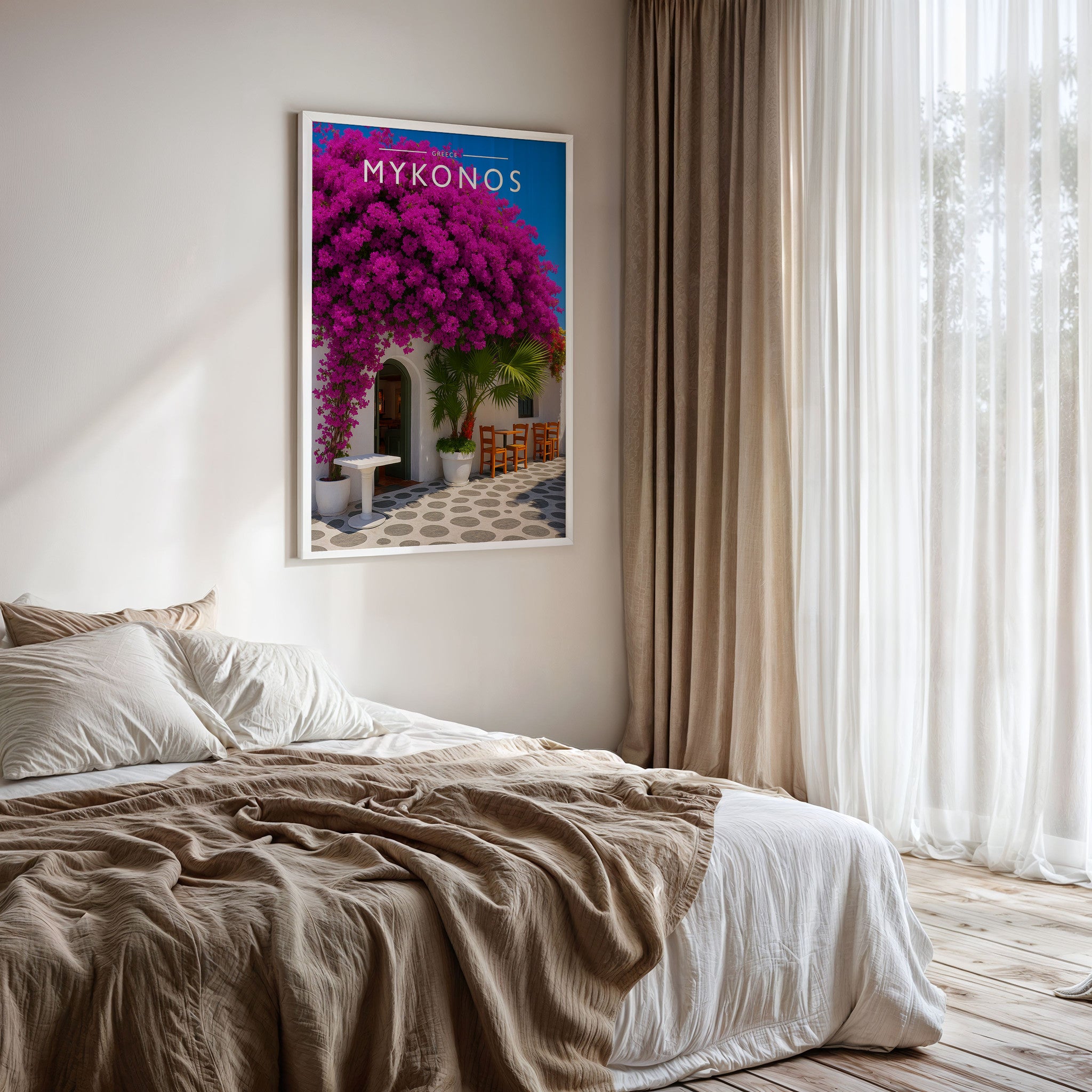 Mykonos Travel Poster framed on a bedroom wall