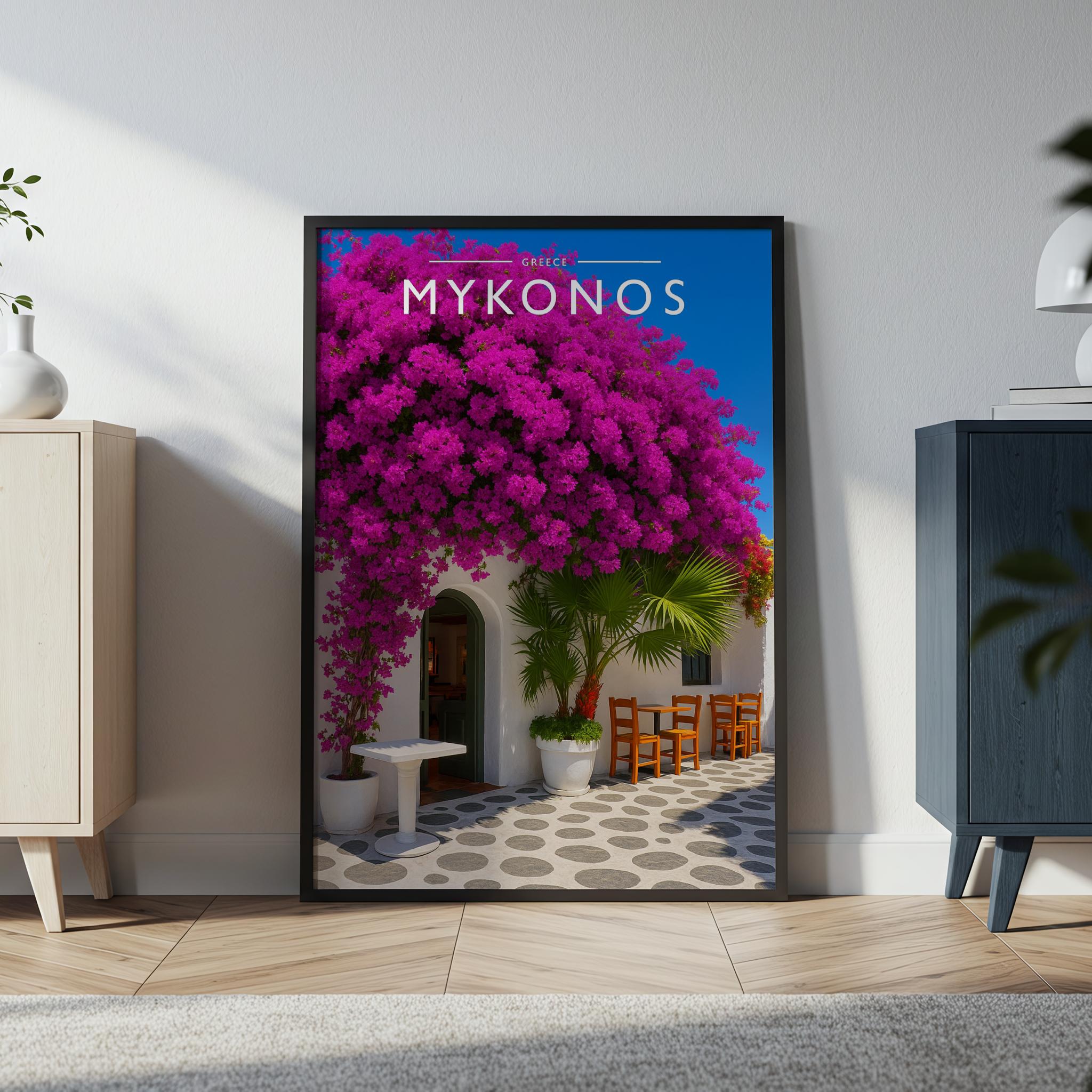 Mykonos Travel Poster in a black frame