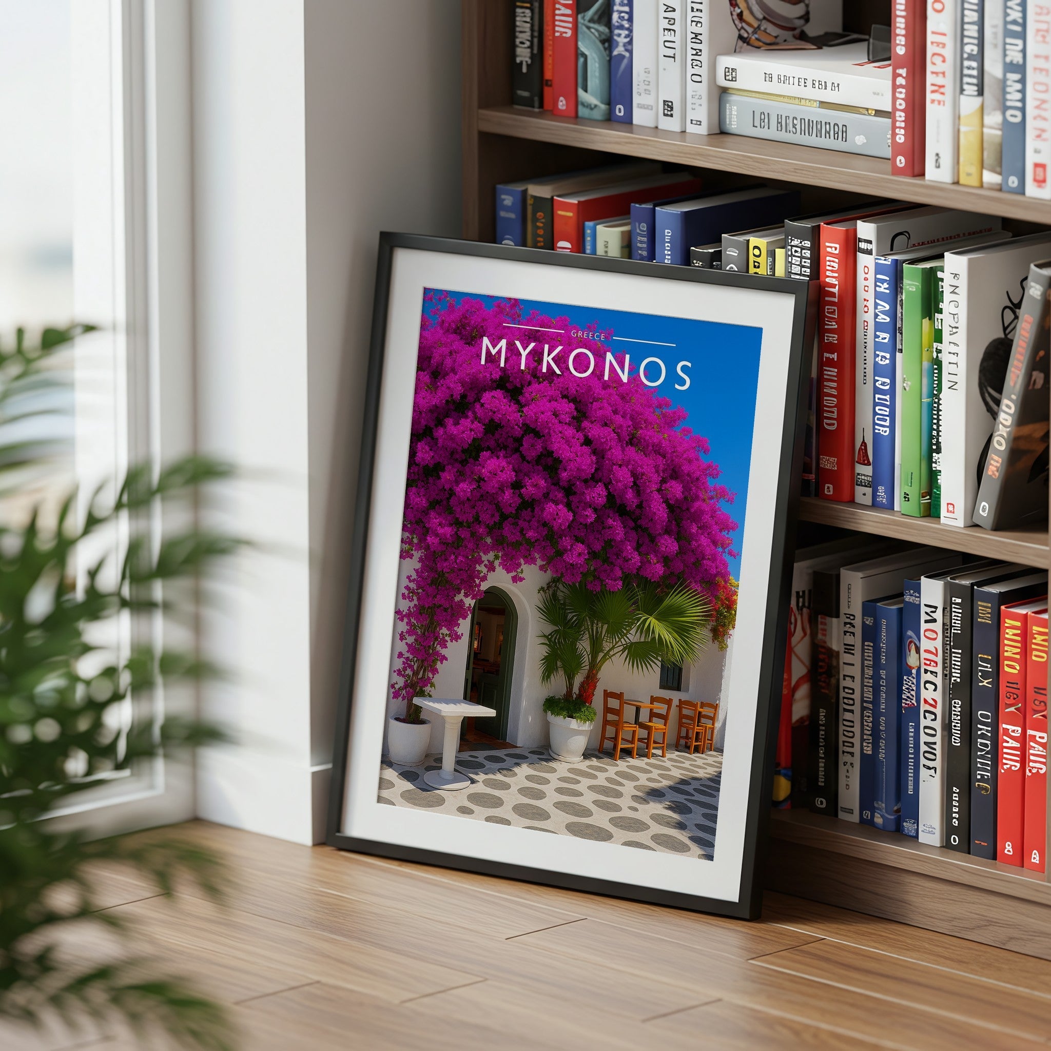 Mykonos Travel Poster mounted in a black frame