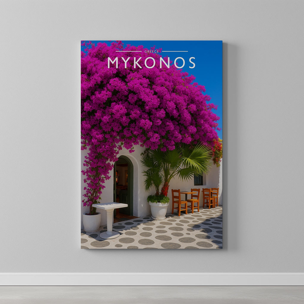 Mykonos Travel Poster as a gallery-wrapped canvas on a plain wall