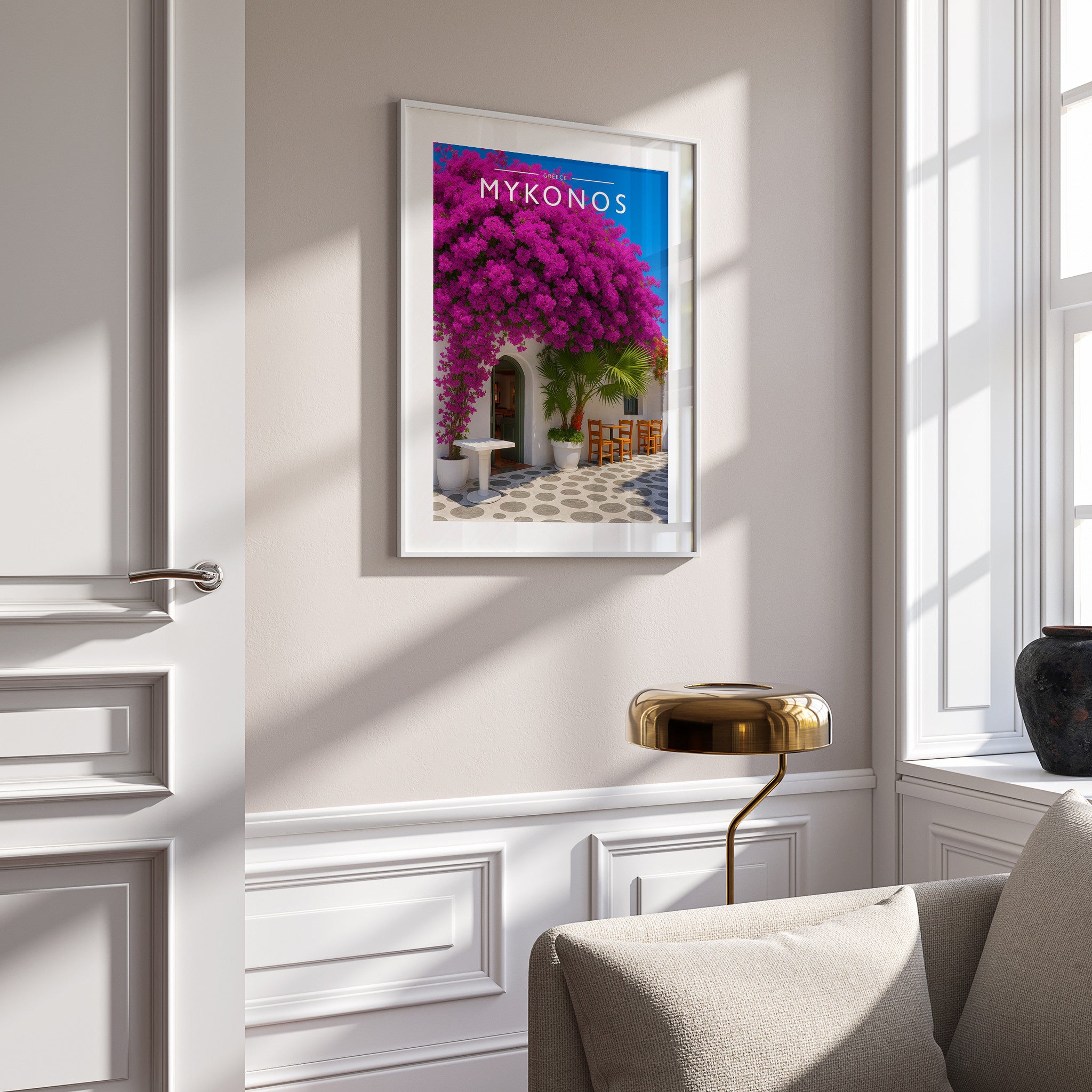 Mykonos Travel Poster in a white frame on a panelled wall