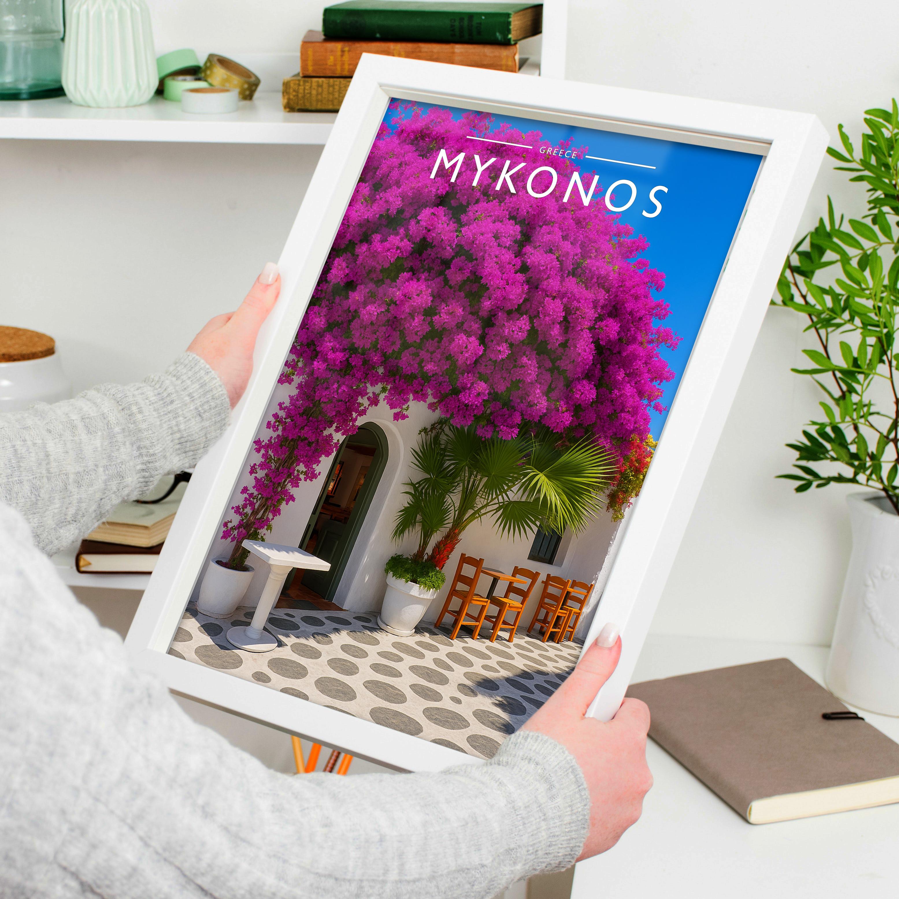 Mykonos Travel Poster held in a white frame