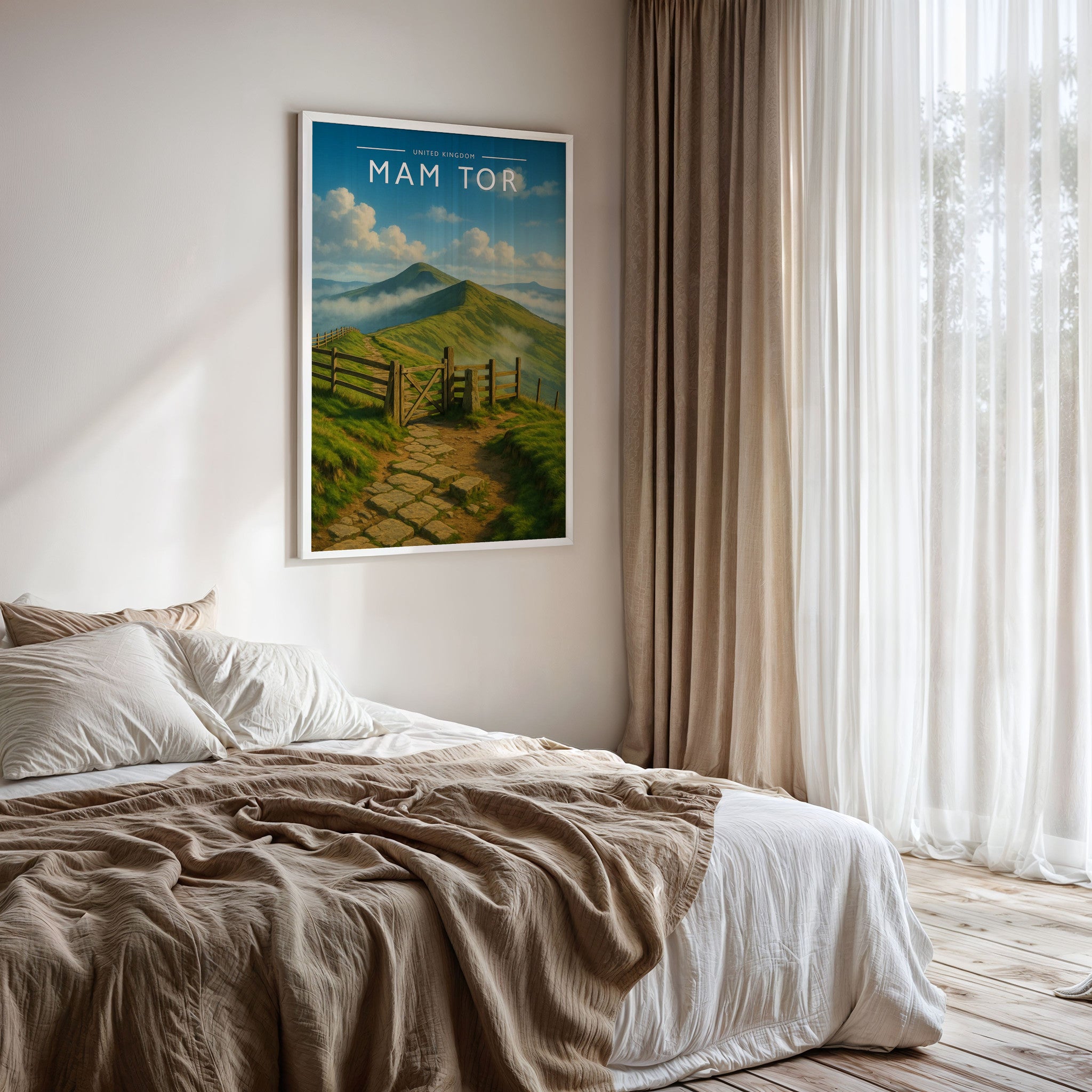 Mam Tor Travel Poster framed on a bedroom wall