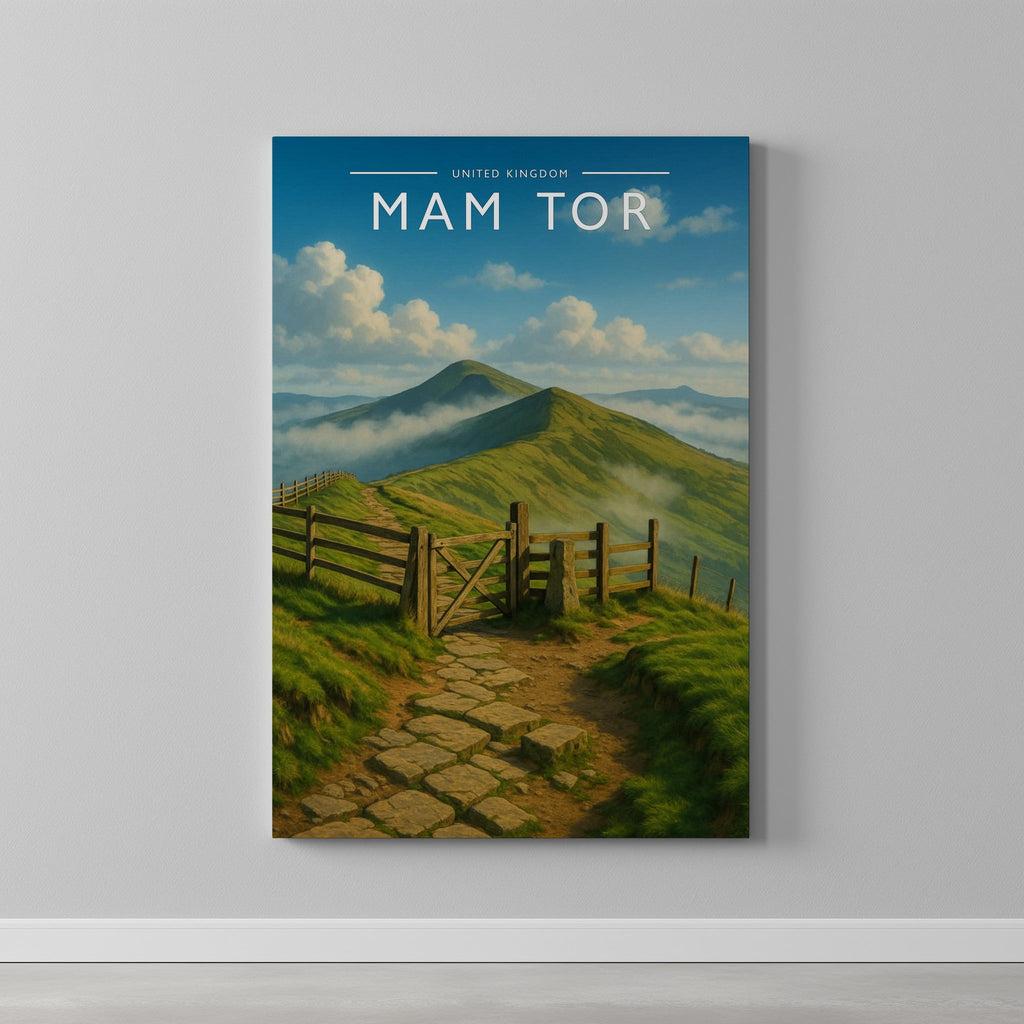 Mam Tor Travel Poster as a gallery-wrapped canvas on a plain wall