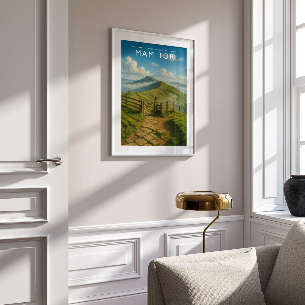 Mam Tor Travel Poster in a white frame on a panelled wall