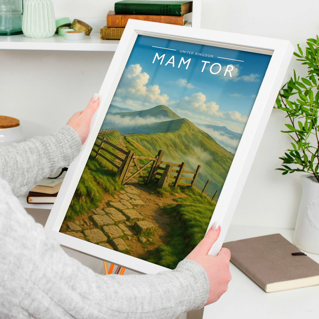 Mam Tor Travel Poster in a white frame, held to show scale