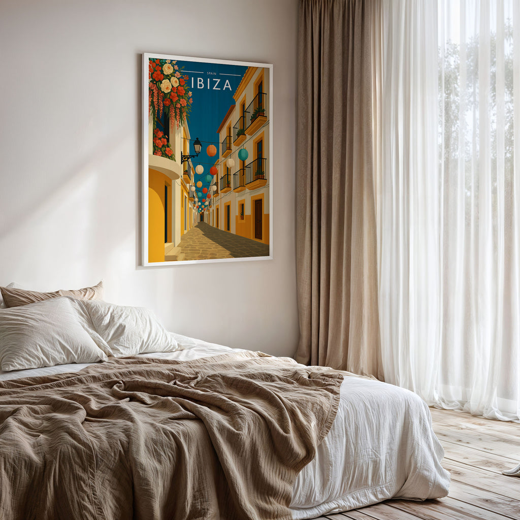 Ibiza #9 Travel Poster framed on a bedroom wall
