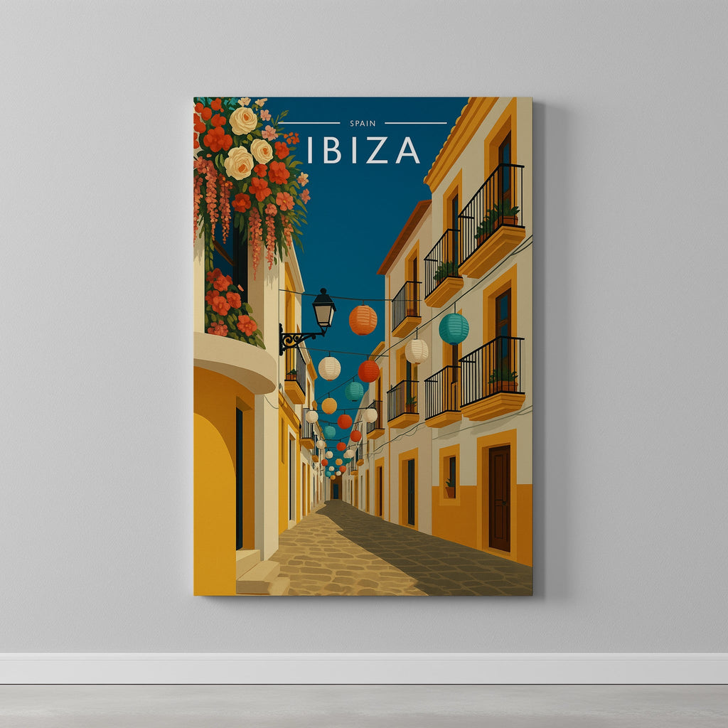 Ibiza #9 Travel Poster as a gallery-wrapped canvas on a plain wall