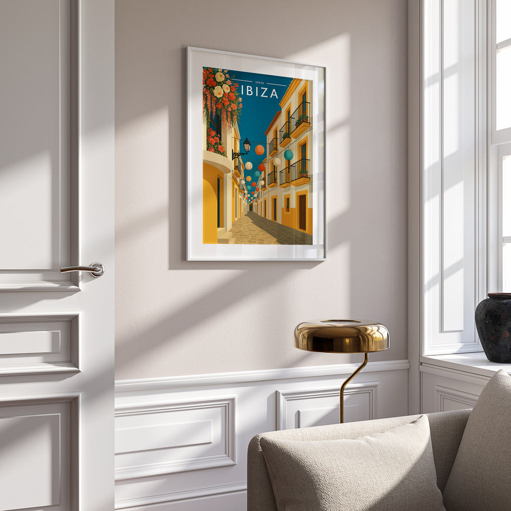 Ibiza #9 Travel Poster in a white frame on a panelled wall