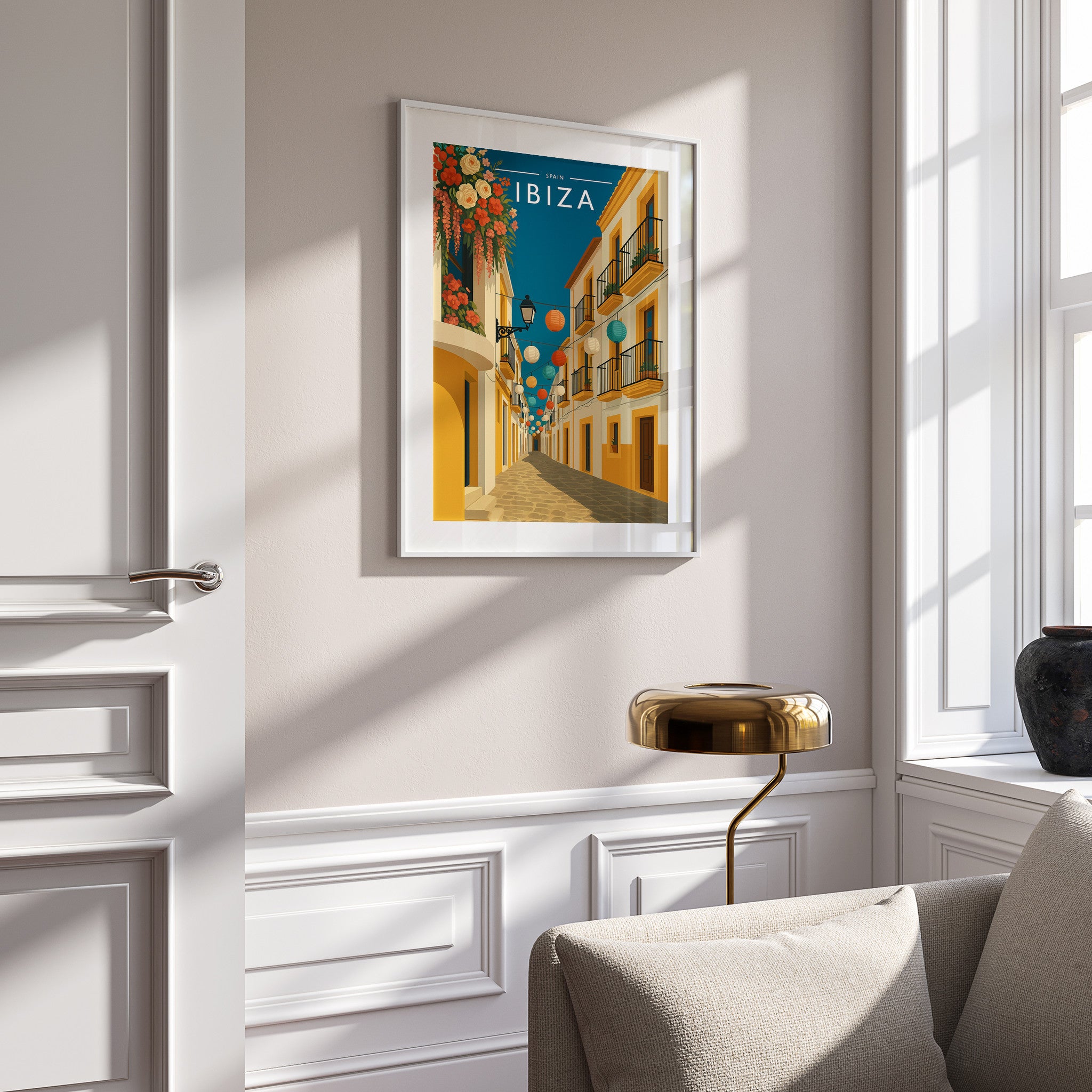 Ibiza #9 Travel Poster in a white frame on a panelled wall