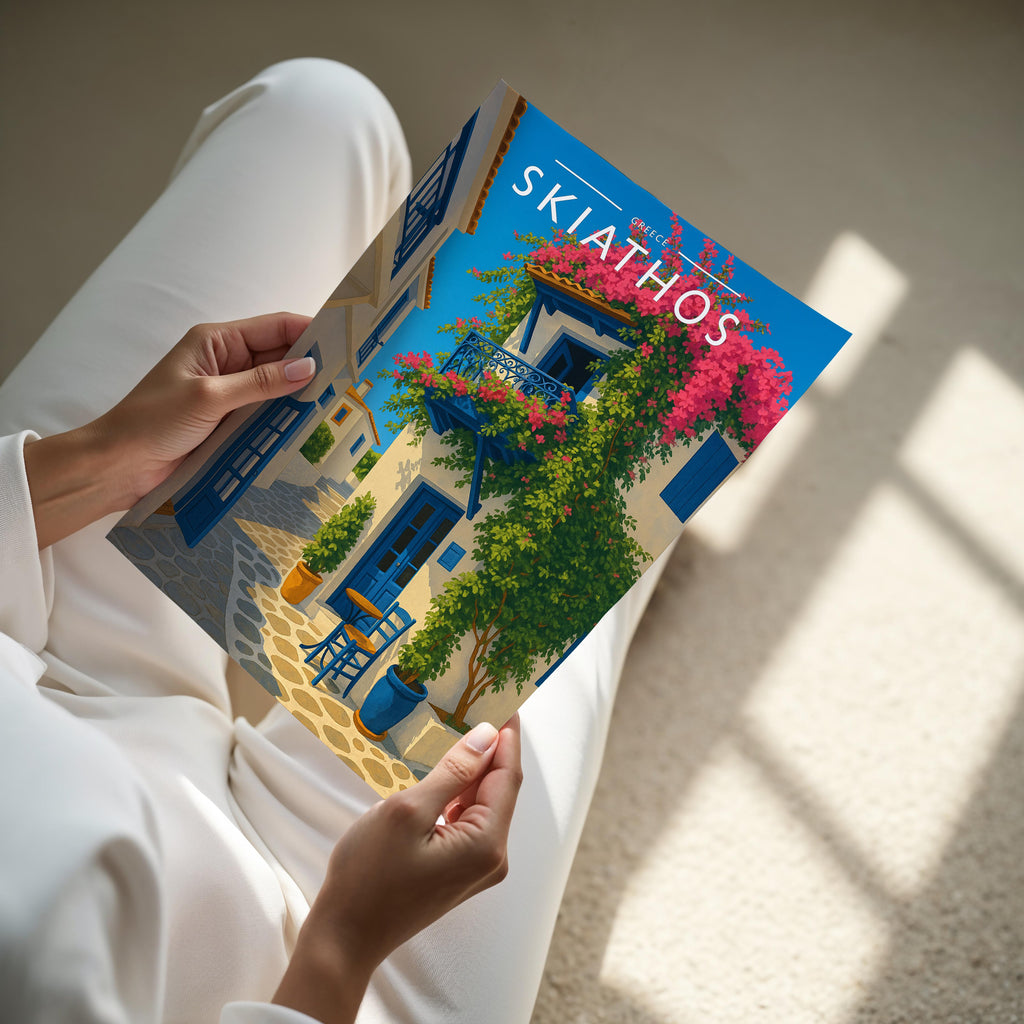 Skiathos Travel Poster - A4 print held in hand