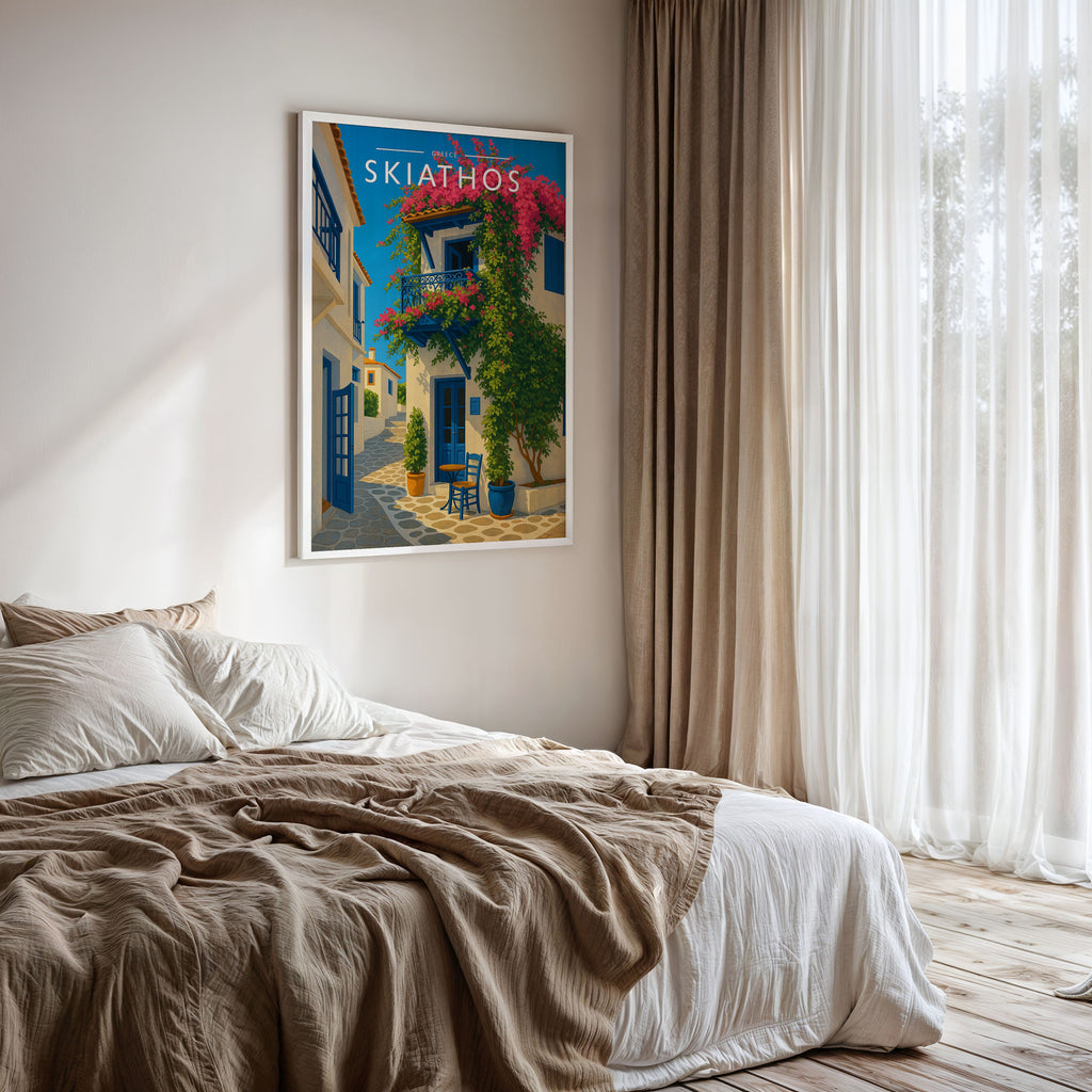 Skiathos Travel Poster framed on a bedroom wall