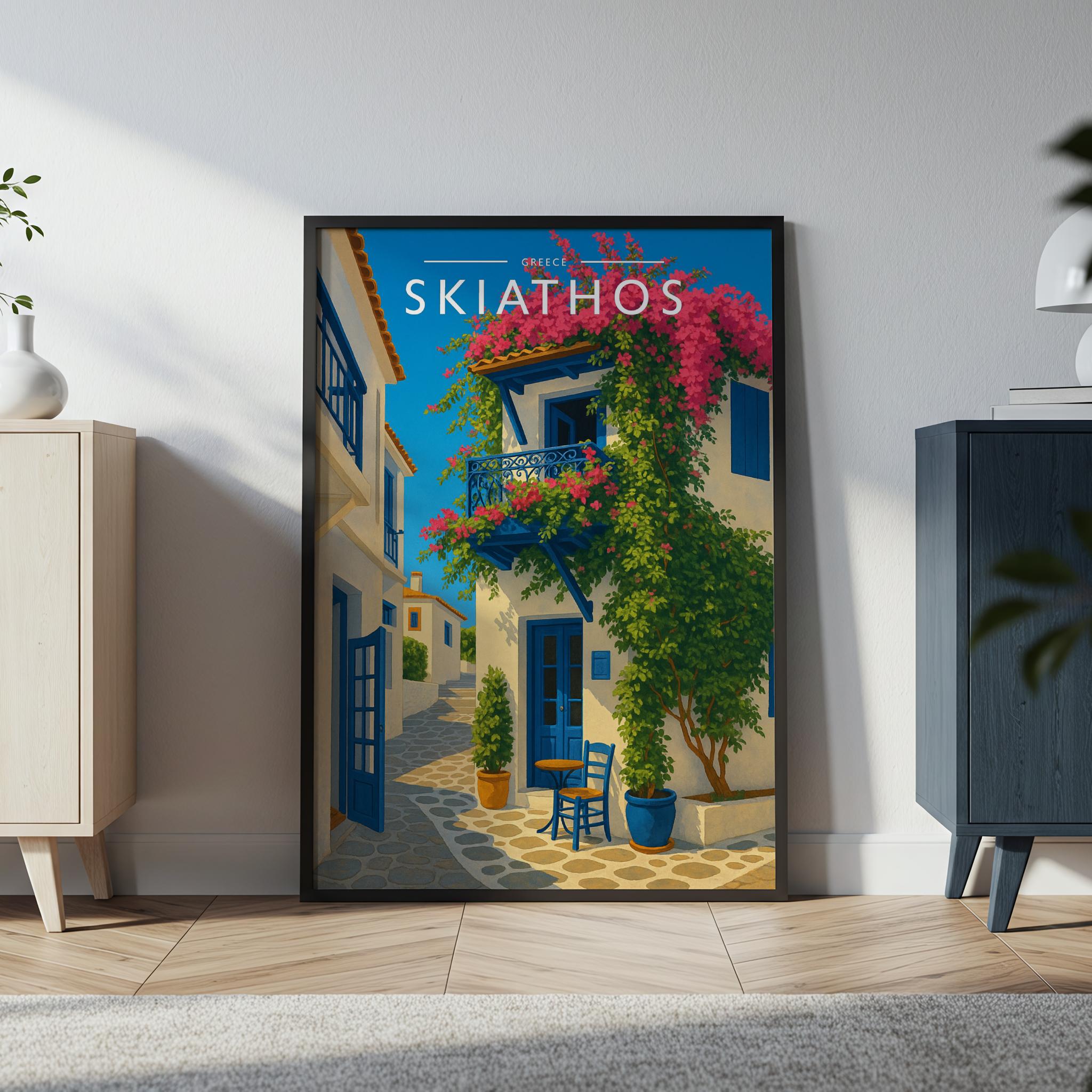Skiathos Travel Poster in a black frame