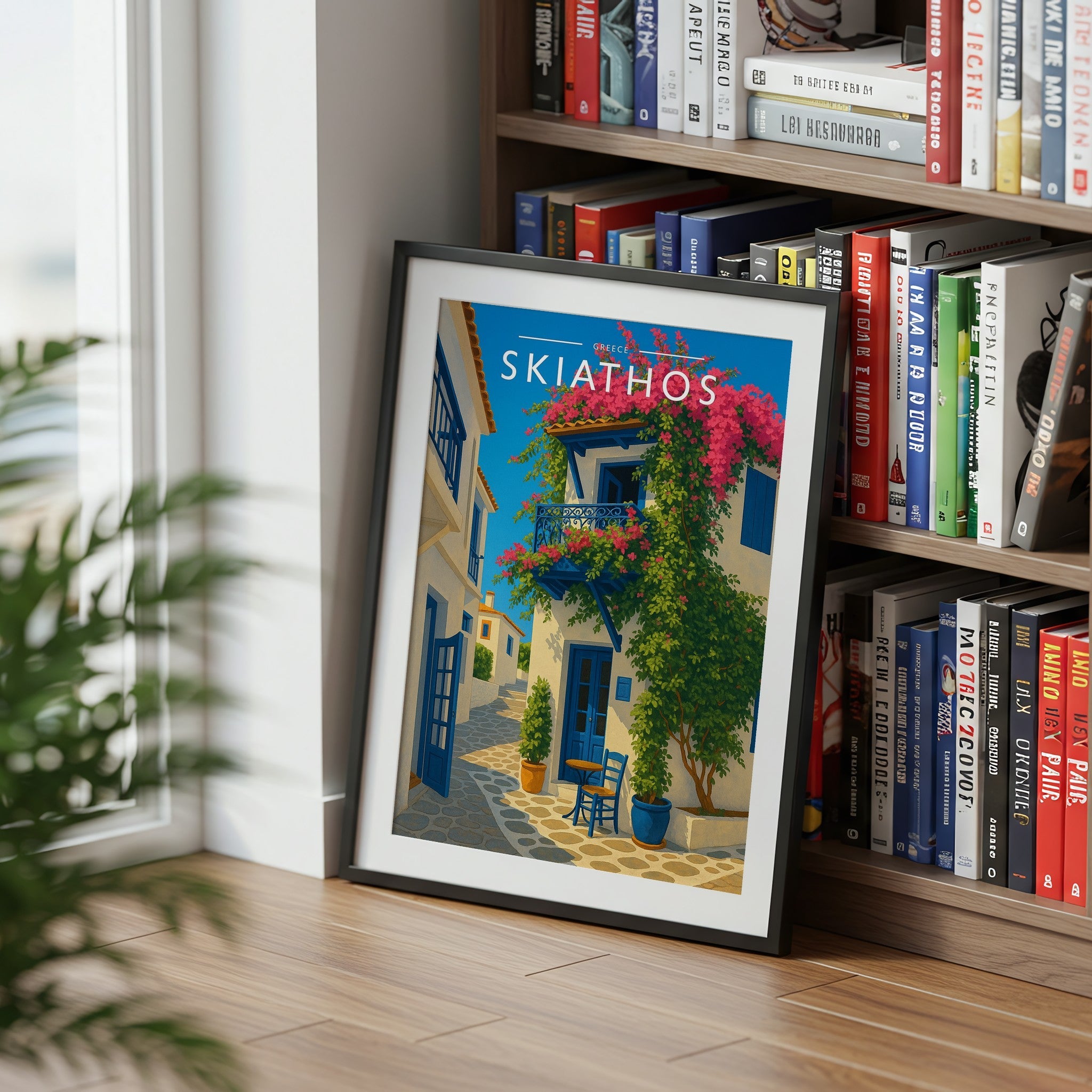 Skiathos Travel Poster mounted in a black frame