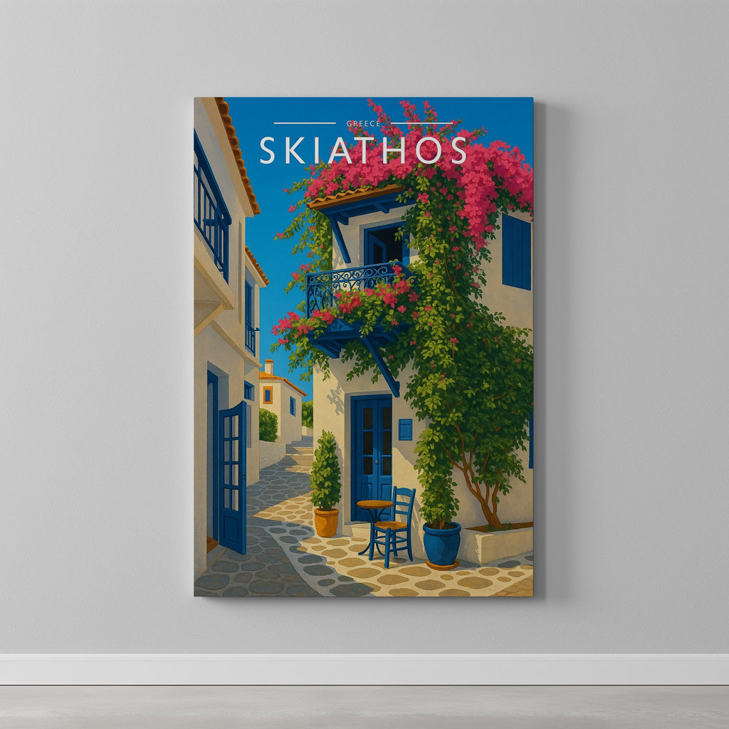 Skiathos Travel Poster as a gallery-wrapped canvas on a plain wall