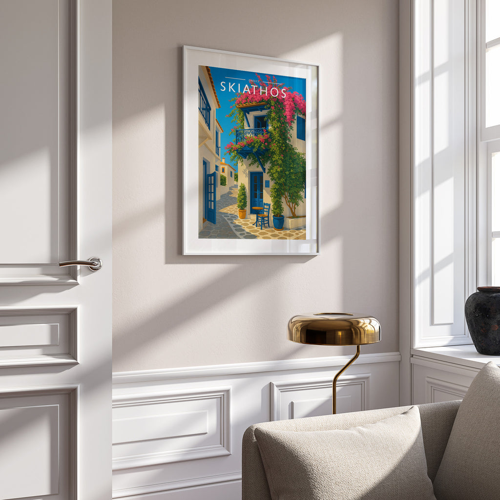Skiathos Travel Poster in a white frame on a panelled wall
