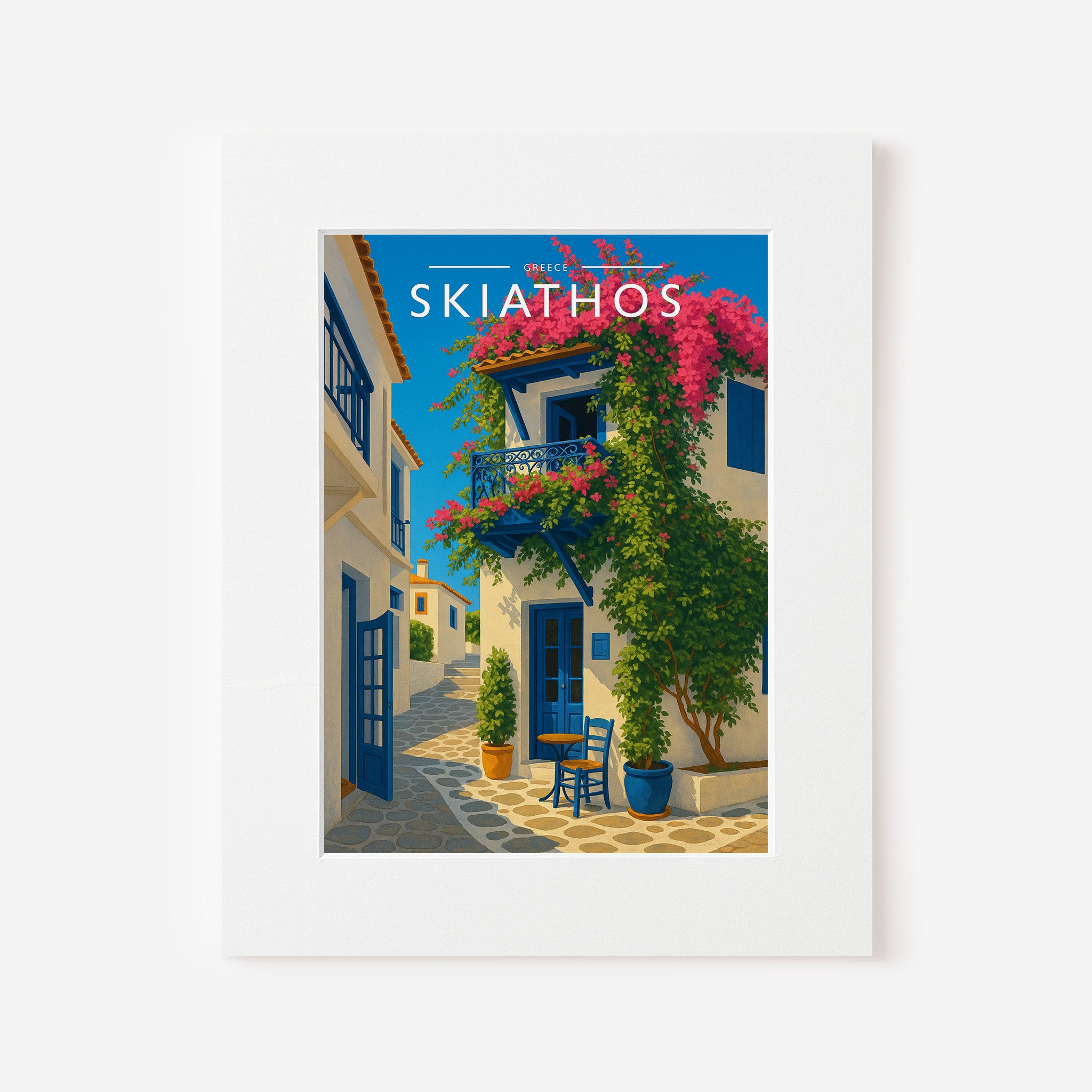 Skiathos Travel Poster in a white mount