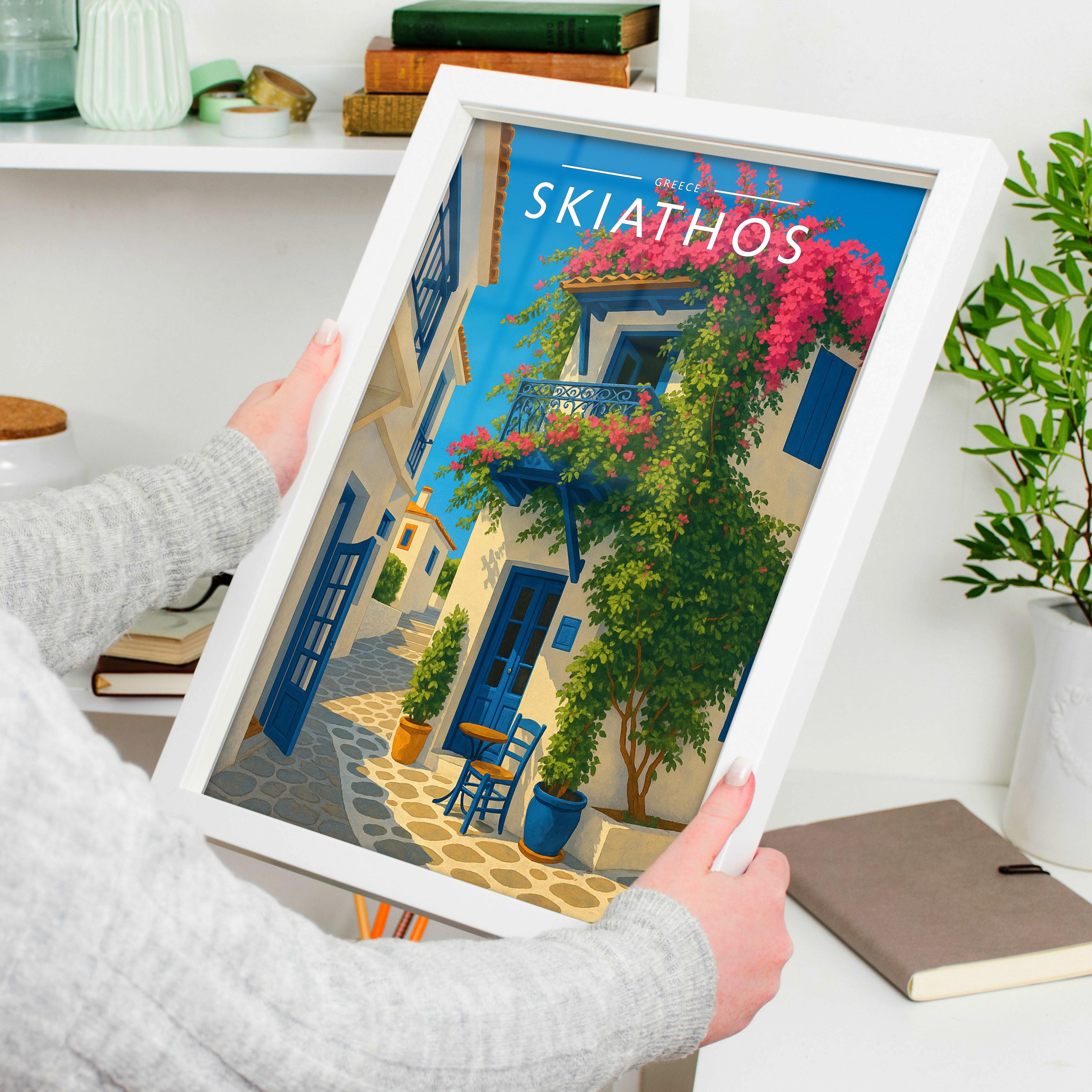 Skiathos Travel Poster held in a white frame