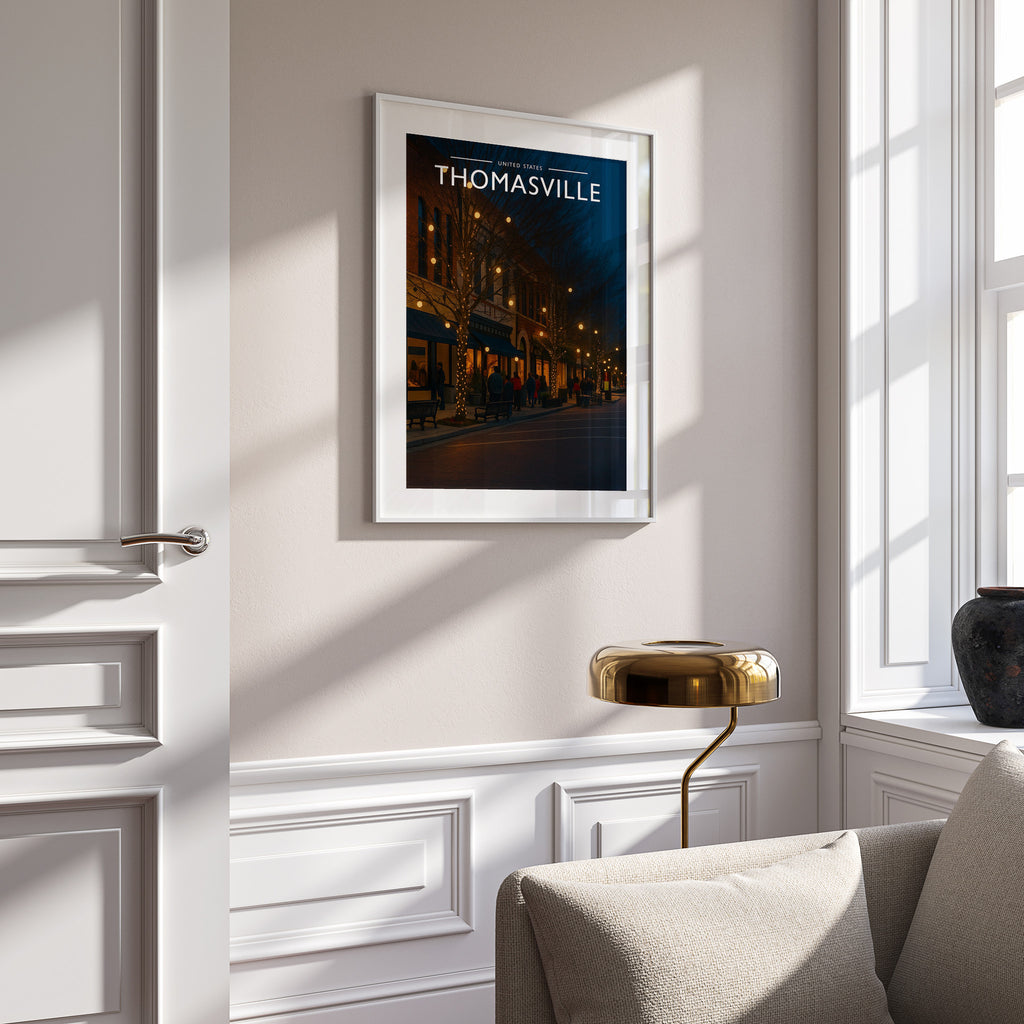 Thomasville #2 Travel Poster in a white frame on a panelled wall