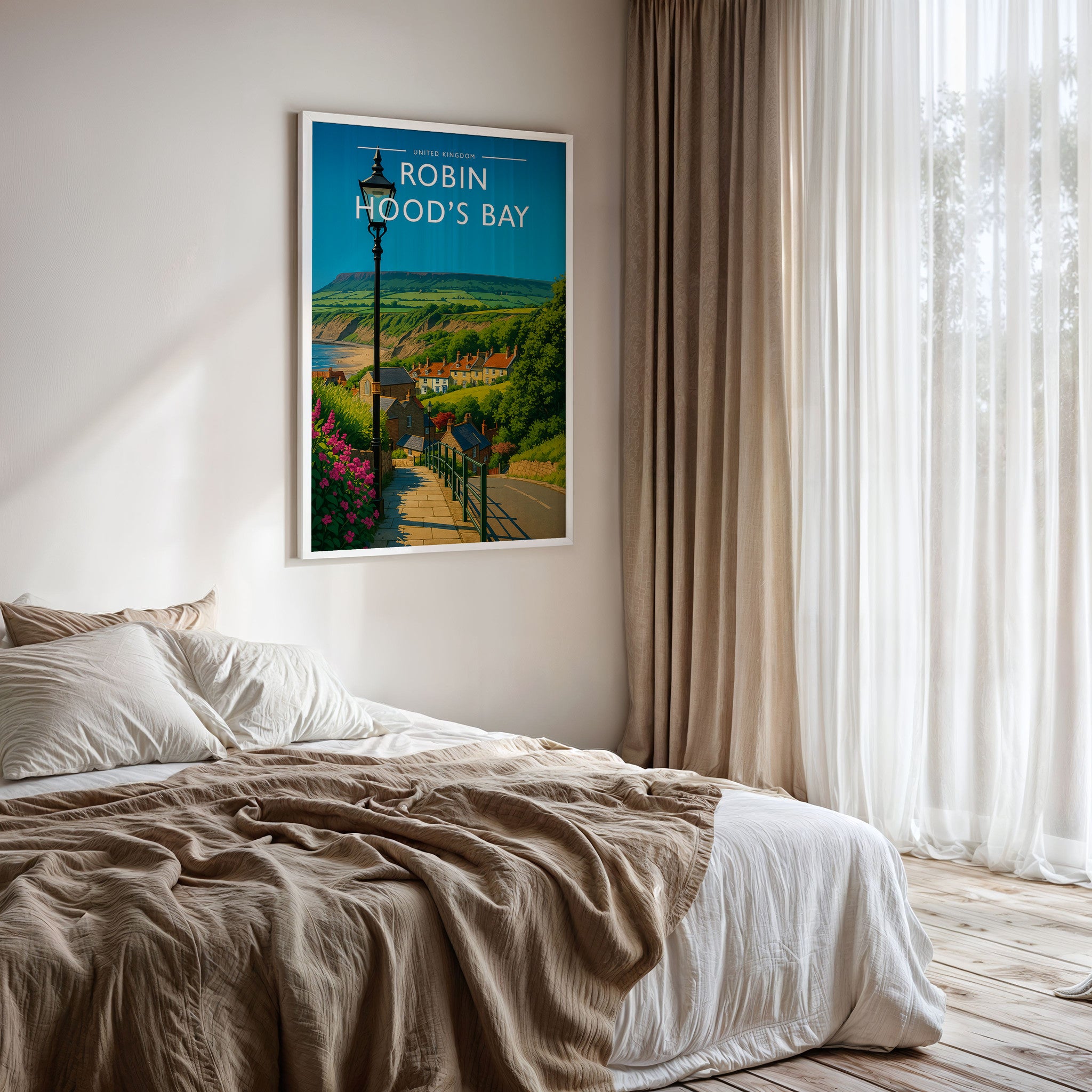 Robin Hood’s Bay #2 Travel Poster framed on a bedroom wall