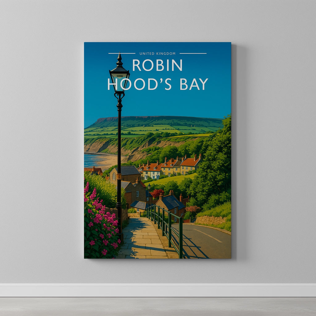 Robin Hood’s Bay #2 Travel Poster as a gallery-wrapped canvas on a plain wall