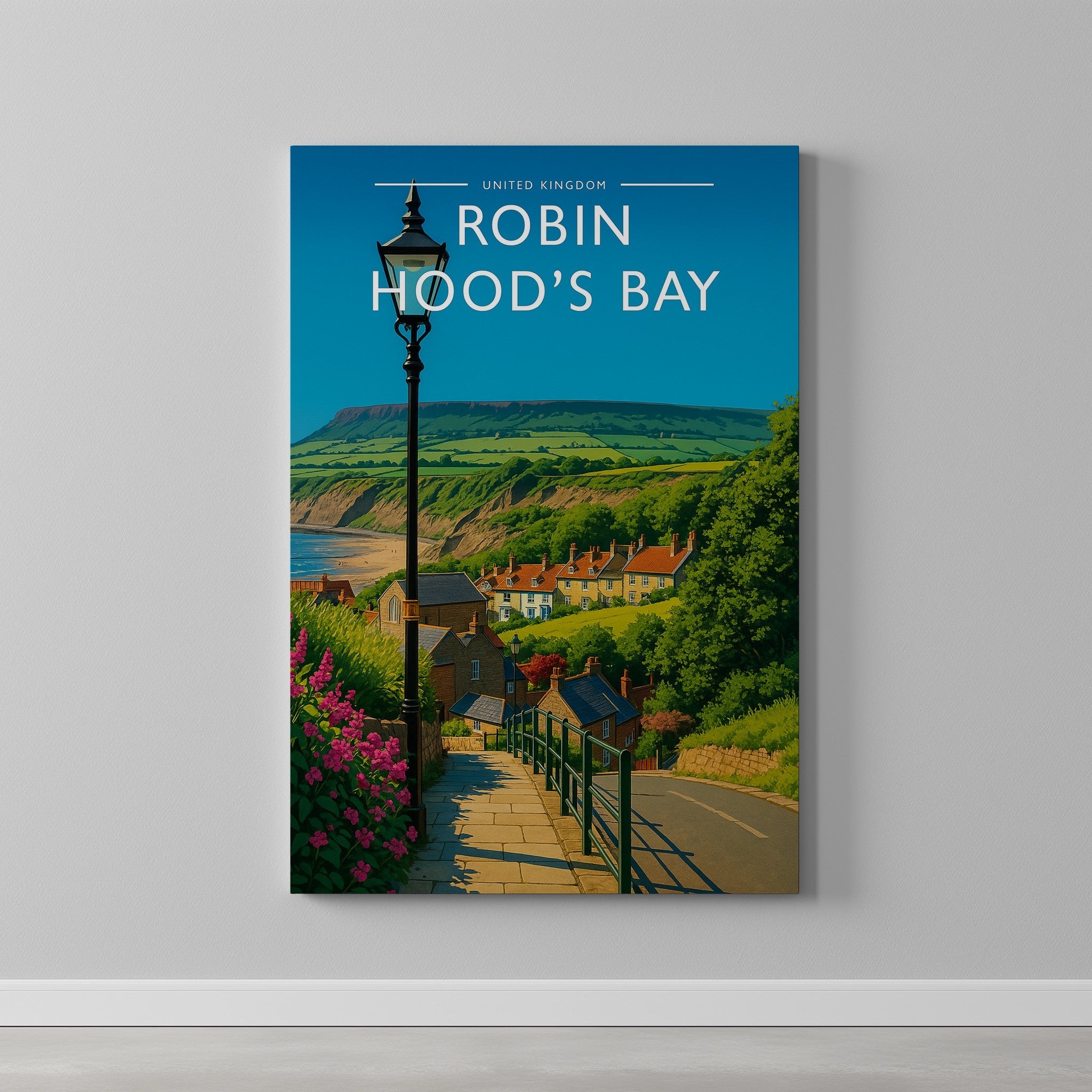 Robin Hood’s Bay #2 Travel Poster as a gallery-wrapped canvas on a plain wall