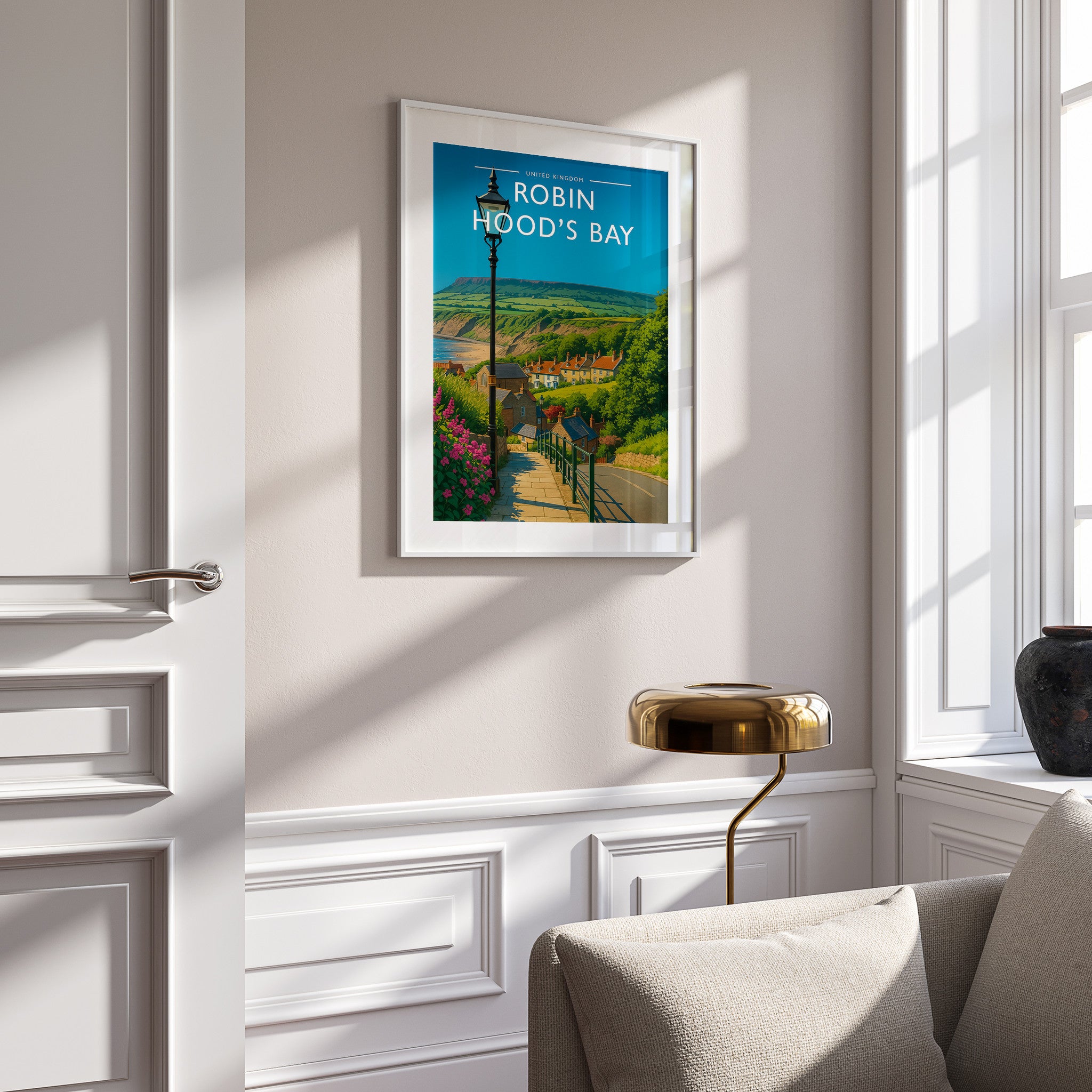 Robin Hood’s Bay #2 Travel Poster in a white frame on a panelled wall
