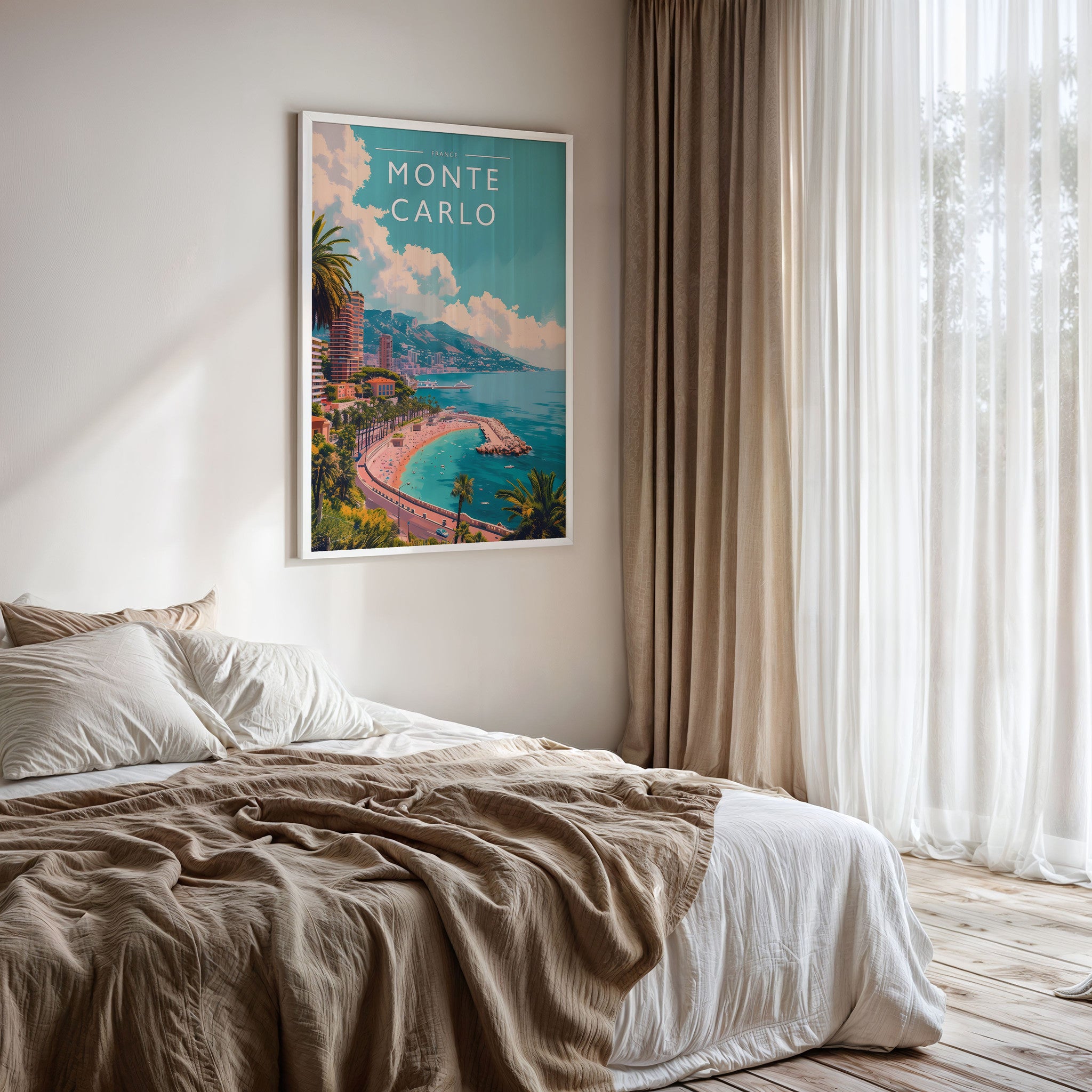 Monte Carlo Travel Poster framed on a bedroom wall