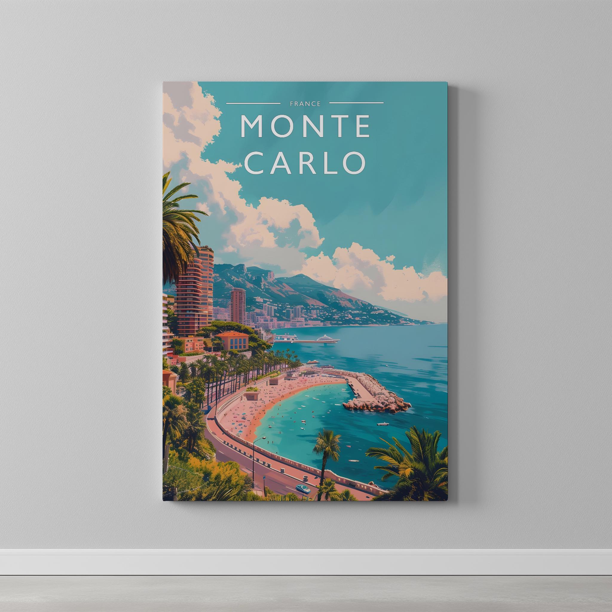 Monte Carlo Travel Poster as a gallery-wrapped canvas on a plain wall