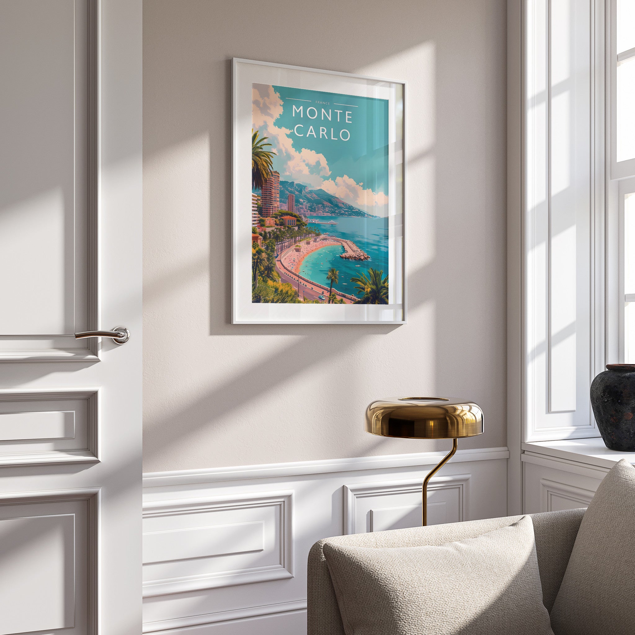 Monte Carlo Travel Poster in a white frame on a panelled wall