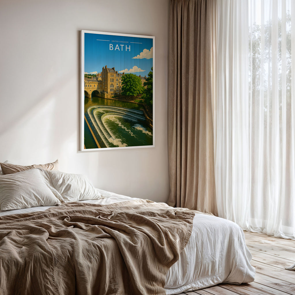 Bath #2 Travel Poster framed on a bedroom wall