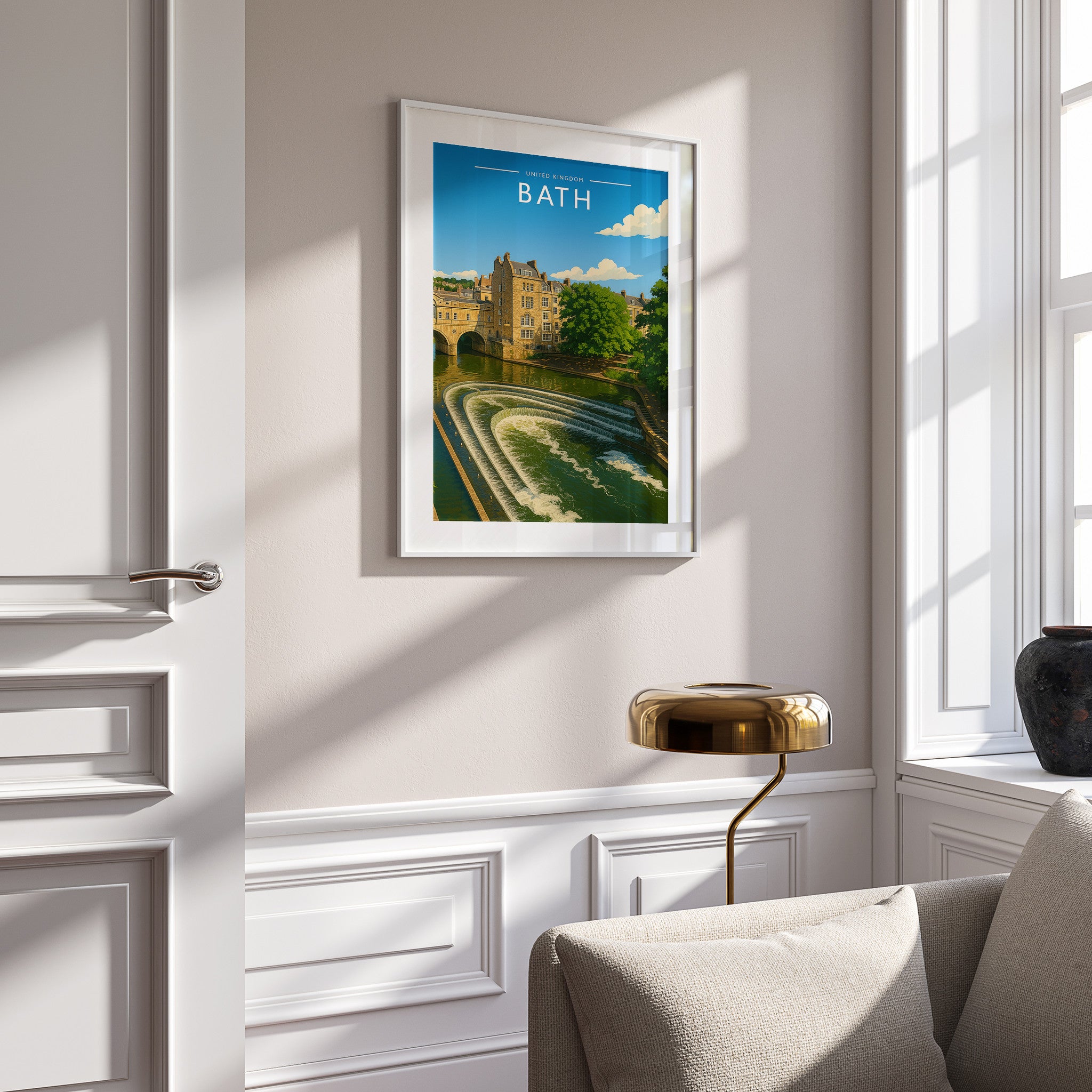 Bath #2 Travel Poster in a white frame on a panelled wall