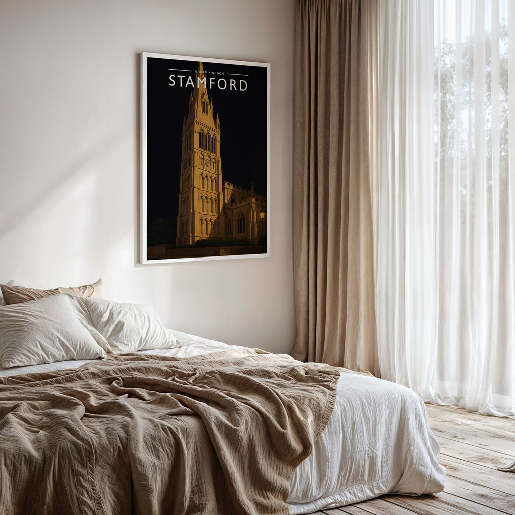 Stamford #6 Travel Poster framed on a bedroom wall