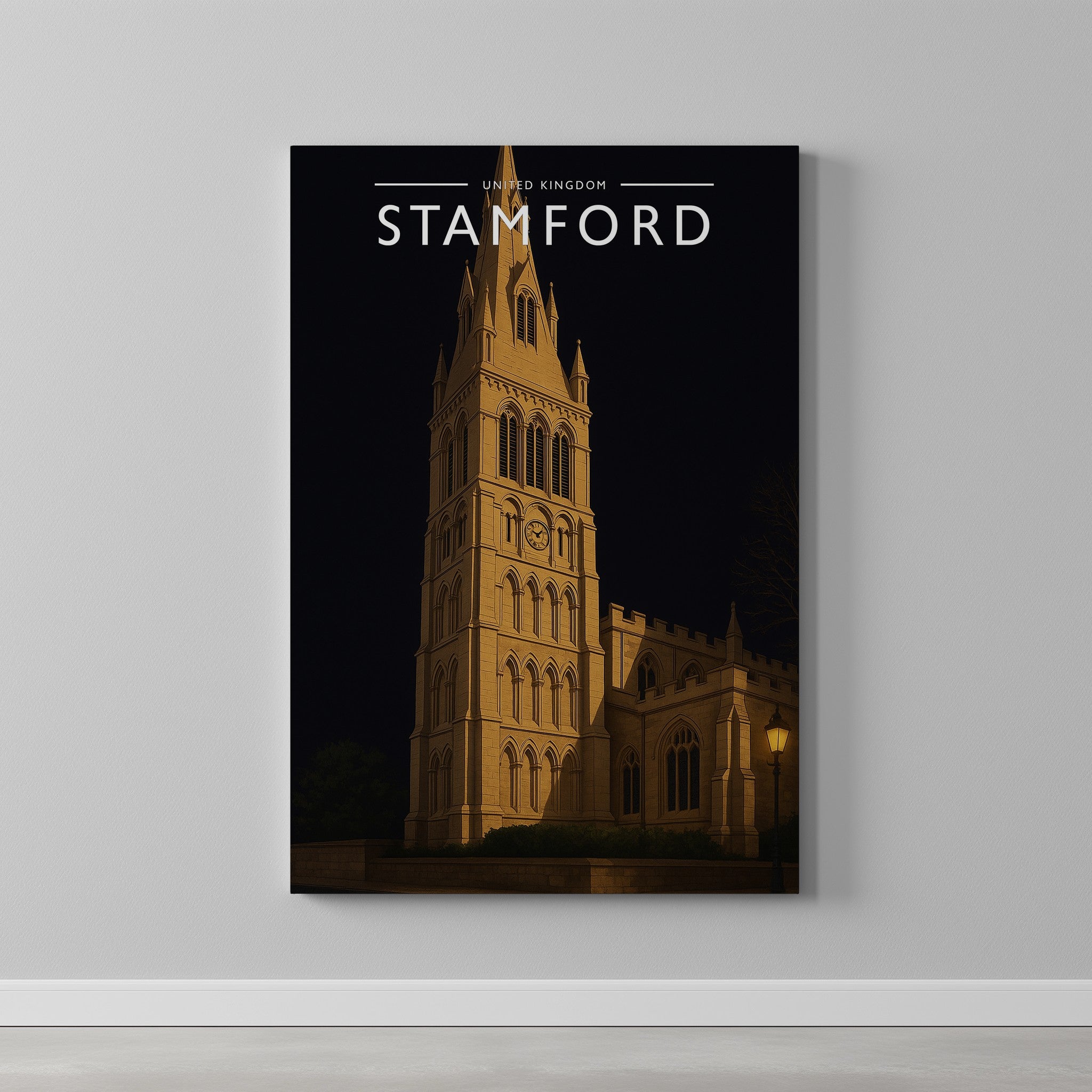 Stamford #6 Travel Poster as a gallery-wrapped canvas on a plain wall